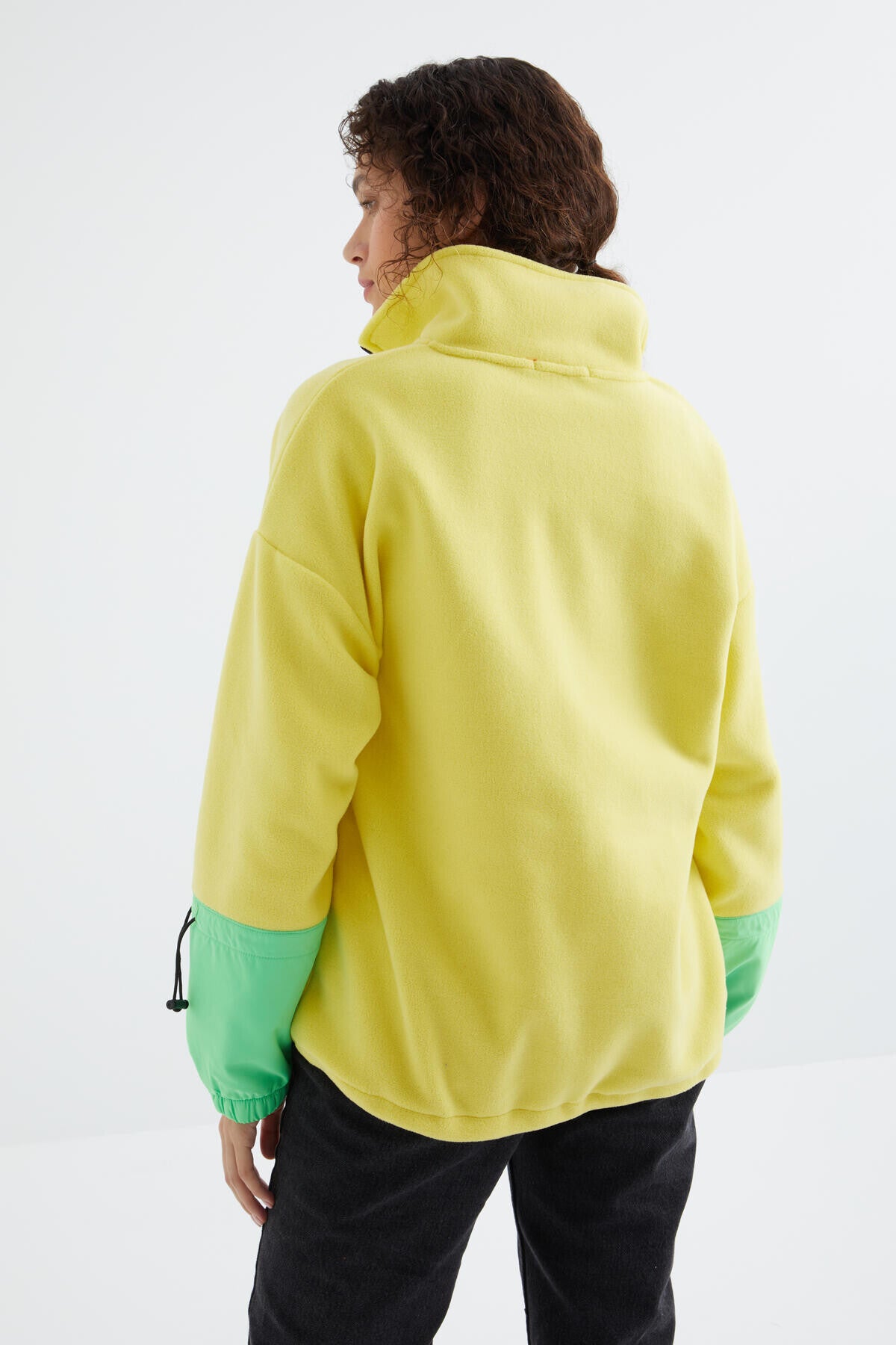 Limon Etek Ucu Büzgülü Yarım Fermuarlı Oversize Kadın Polar Sweatshirt - 97238
