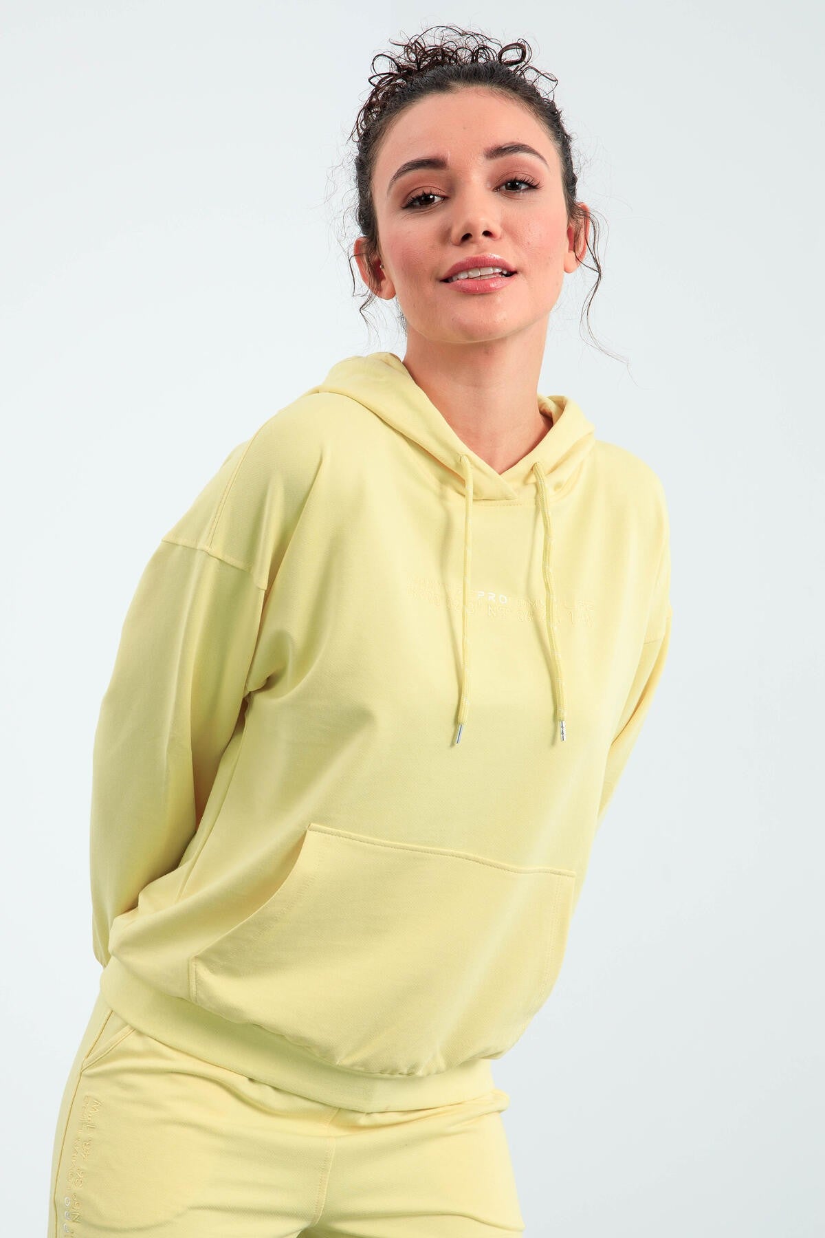 Limon Kapüşonlu Kanguru Cep Oversize Lastik Paça Kadın Eşofman Takımı - 95288