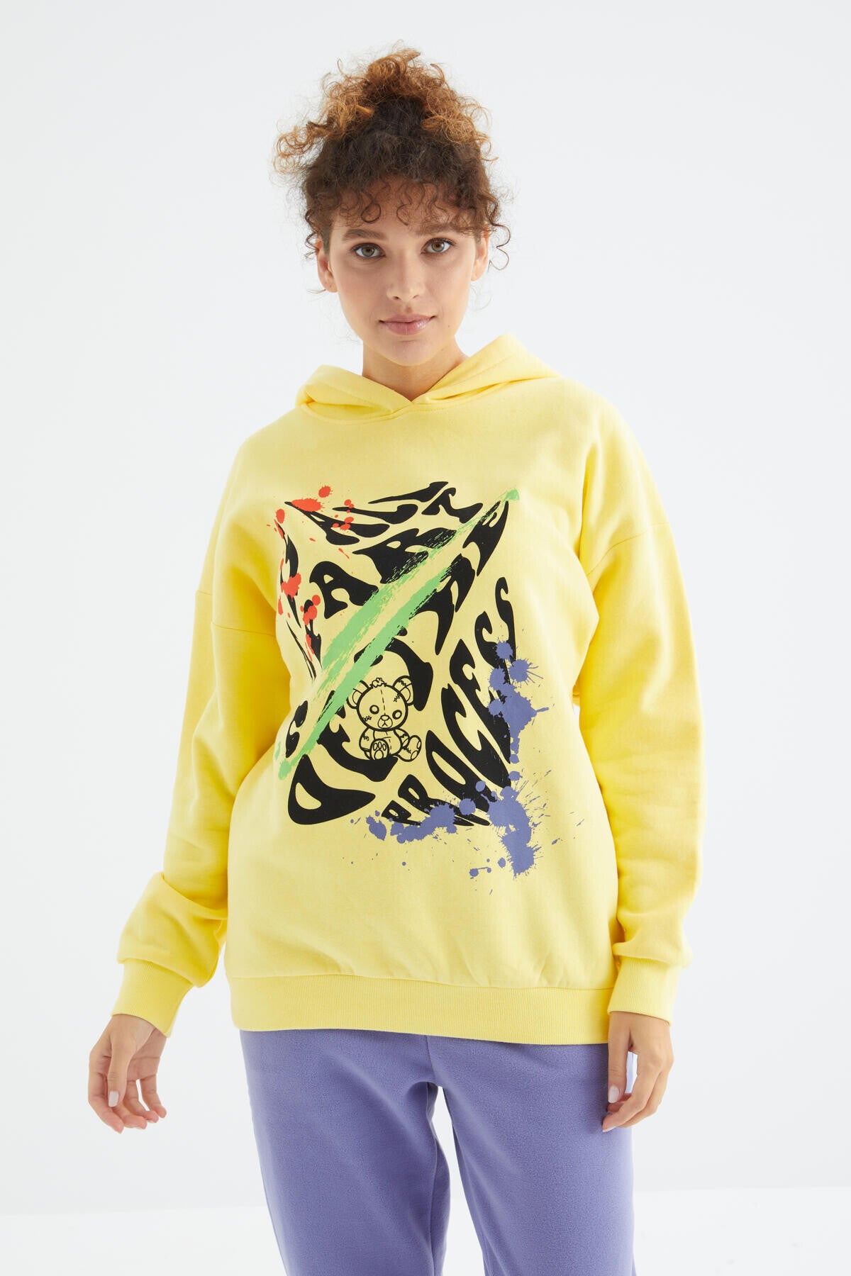 Limon Ön Baskılı Kapüşonlu Kadın Oversize Kadın Sweatshirt - 97248