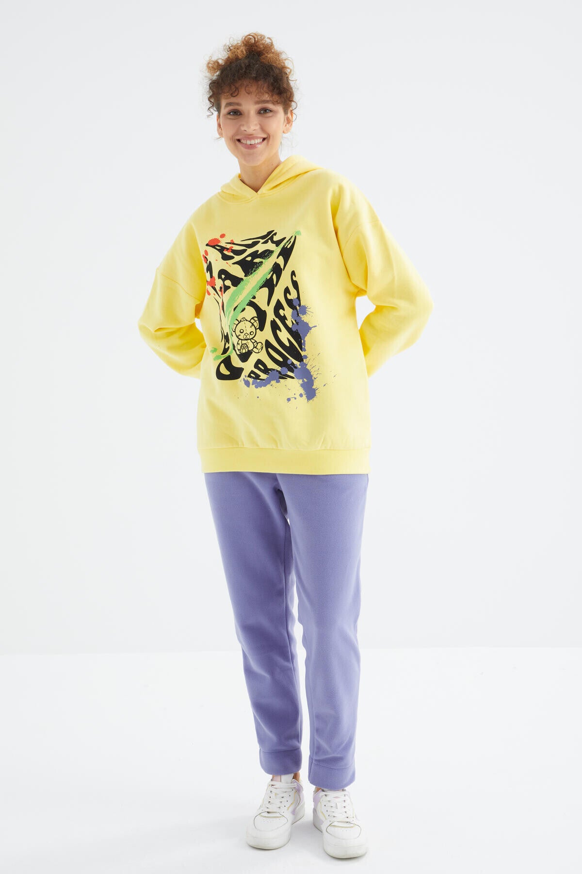 Limon Ön Baskılı Kapüşonlu Kadın Oversize Kadın Sweatshirt - 97248