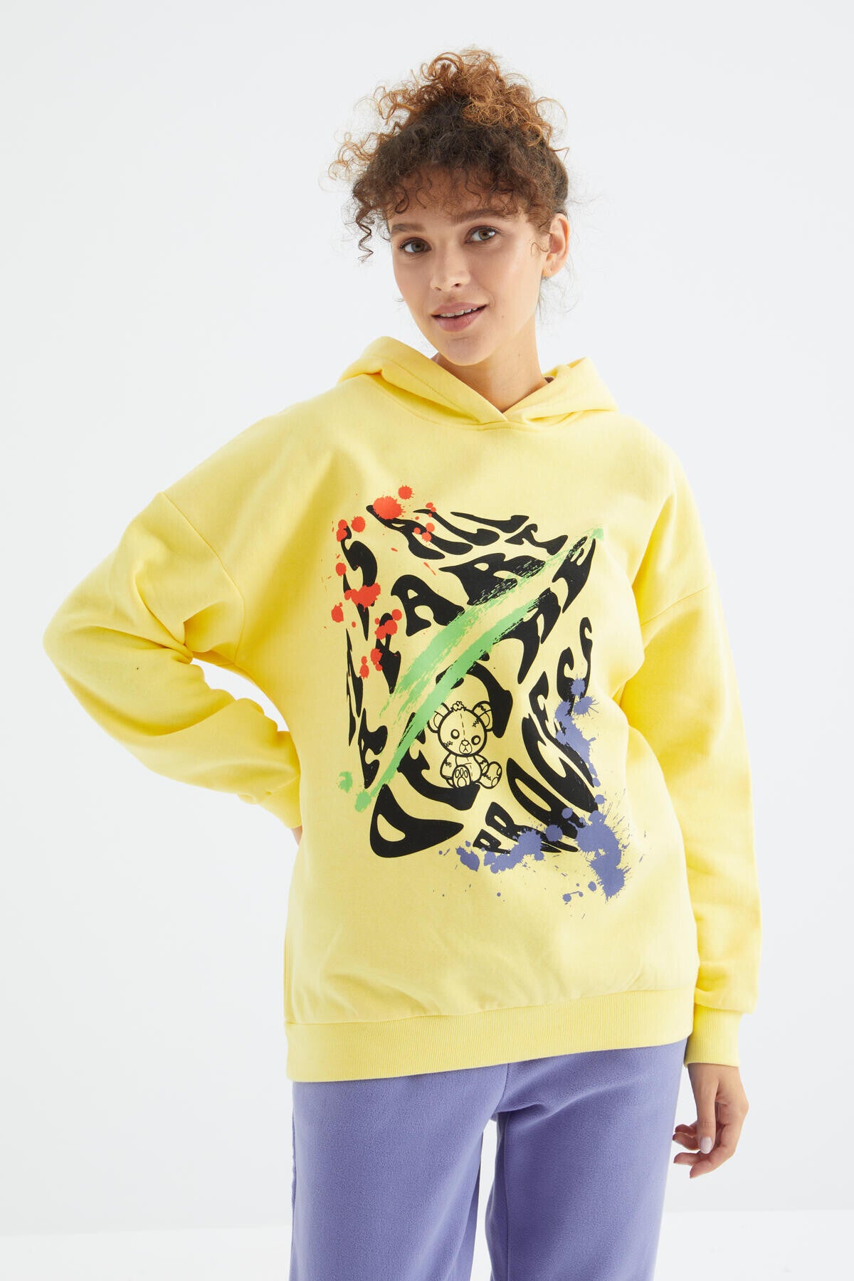 Limon Ön Baskılı Kapüşonlu Kadın Oversize Kadın Sweatshirt - 97248