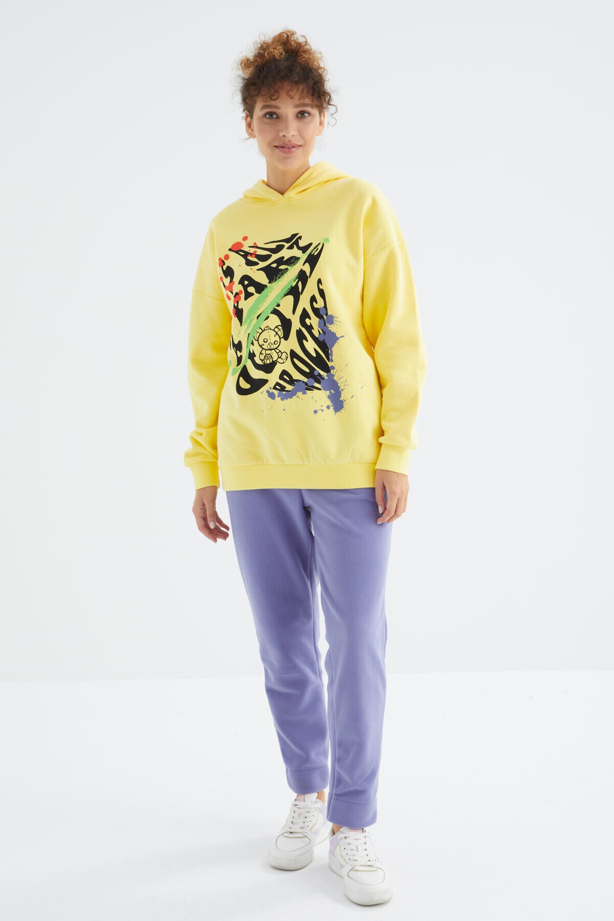 Limon Ön Baskılı Kapüşonlu Kadın Oversize Kadın Sweatshirt - 97248