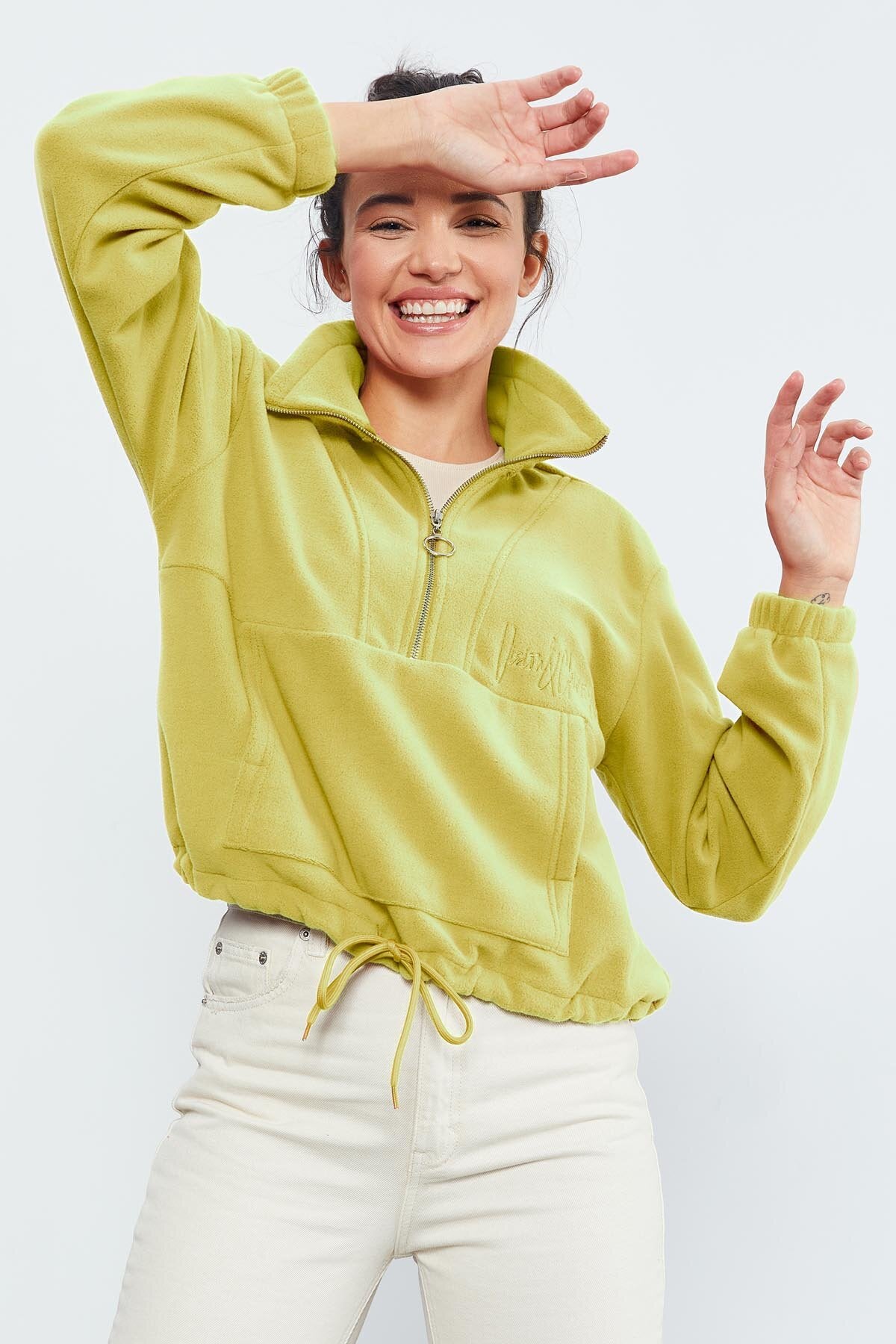 Limon Yarım Fermuar Etek Ucu Büzgülü Kadın Polar Oversize Sweatshirt - 97171