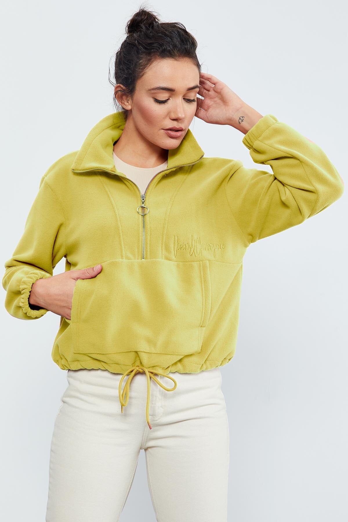 Limon Yarım Fermuar Etek Ucu Büzgülü Kadın Polar Oversize Sweatshirt - 97171