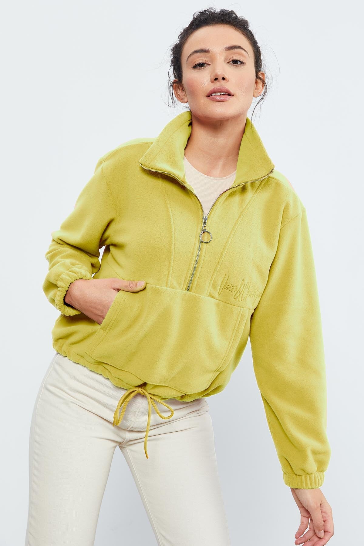 Limon Yarım Fermuar Etek Ucu Büzgülü Kadın Polar Oversize Sweatshirt - 97171
