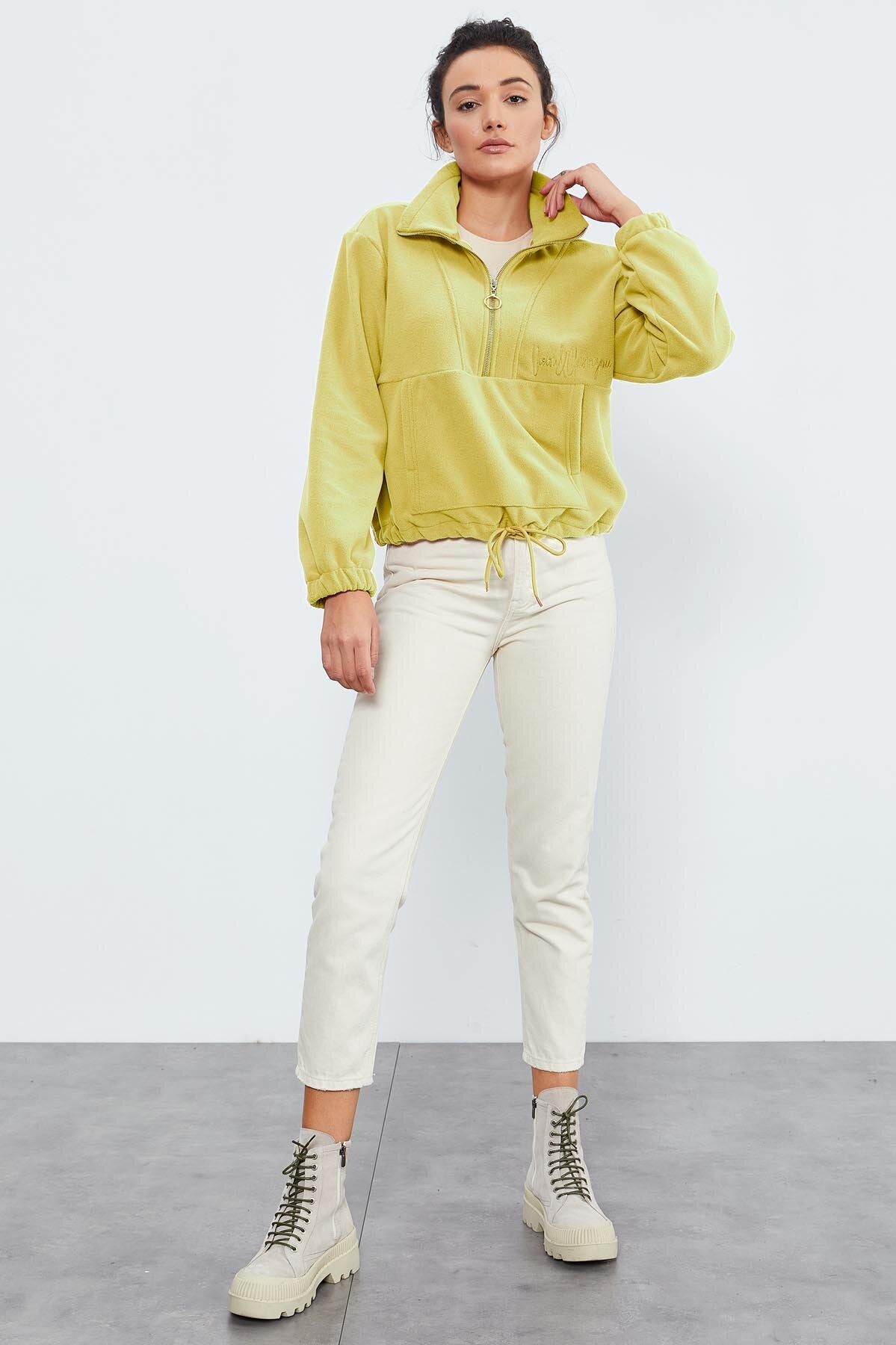 Limon Yarım Fermuar Etek Ucu Büzgülü Kadın Polar Oversize Sweatshirt - 97171