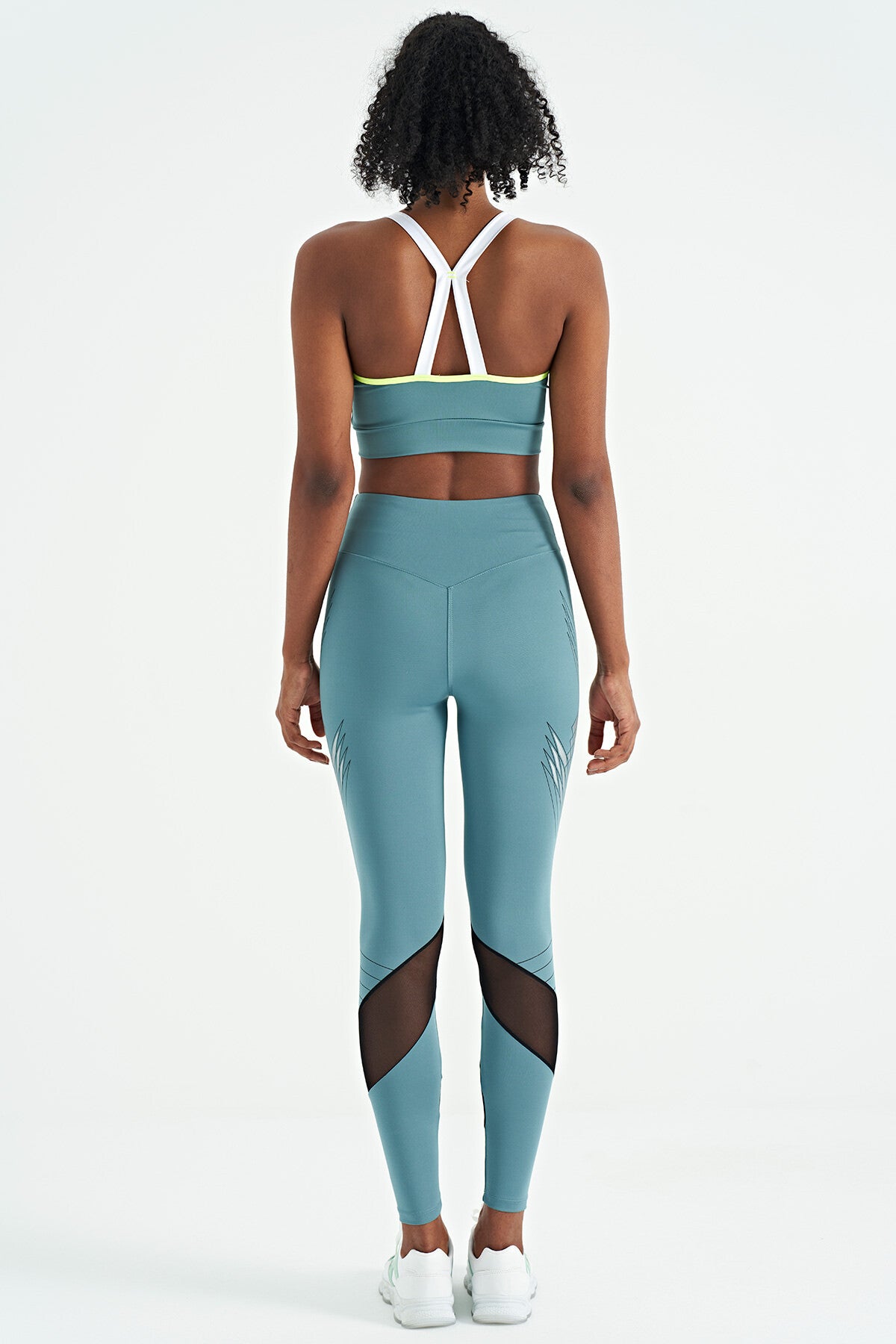Mint Yeşili File Detaylı Baskılı Yüksek Bel Slim Fit Kadın Tayt - 94631