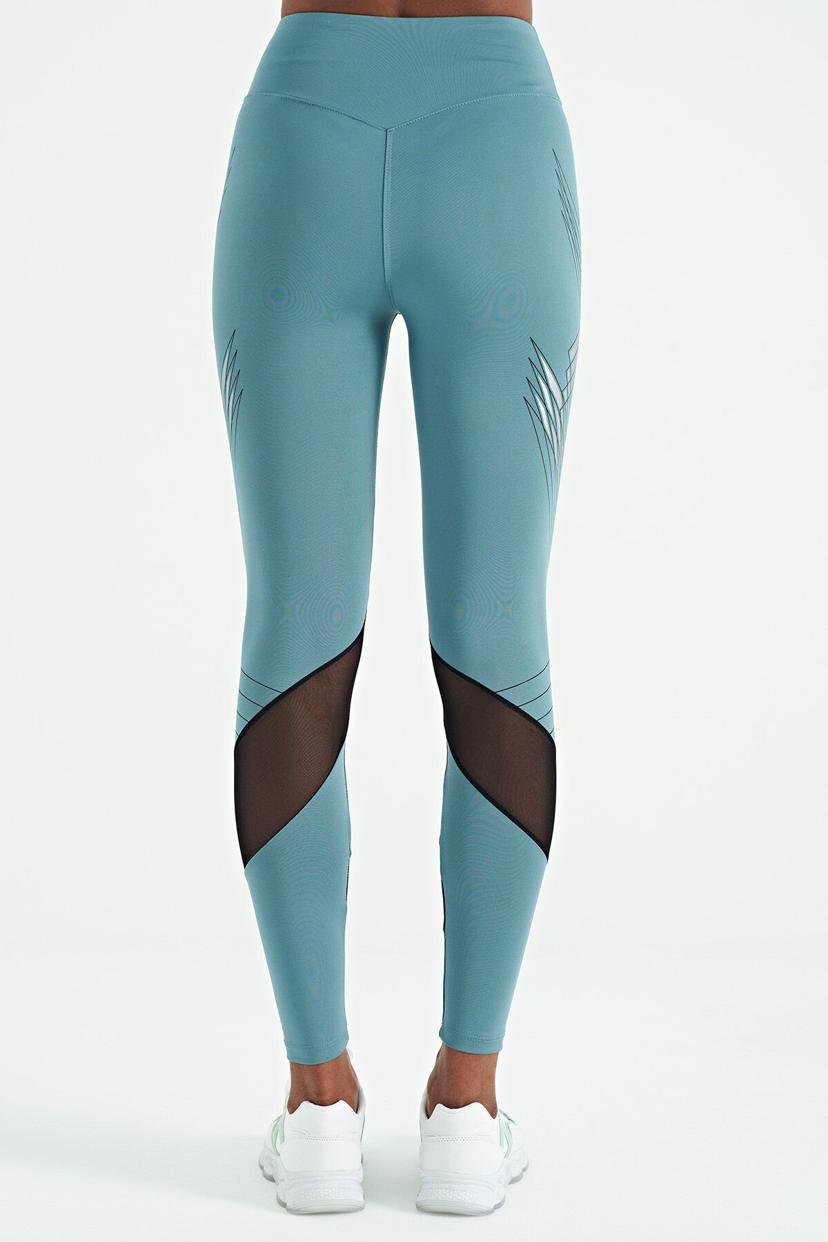 Mint Yeşili File Detaylı Baskılı Yüksek Bel Slim Fit Kadın Tayt - 94631