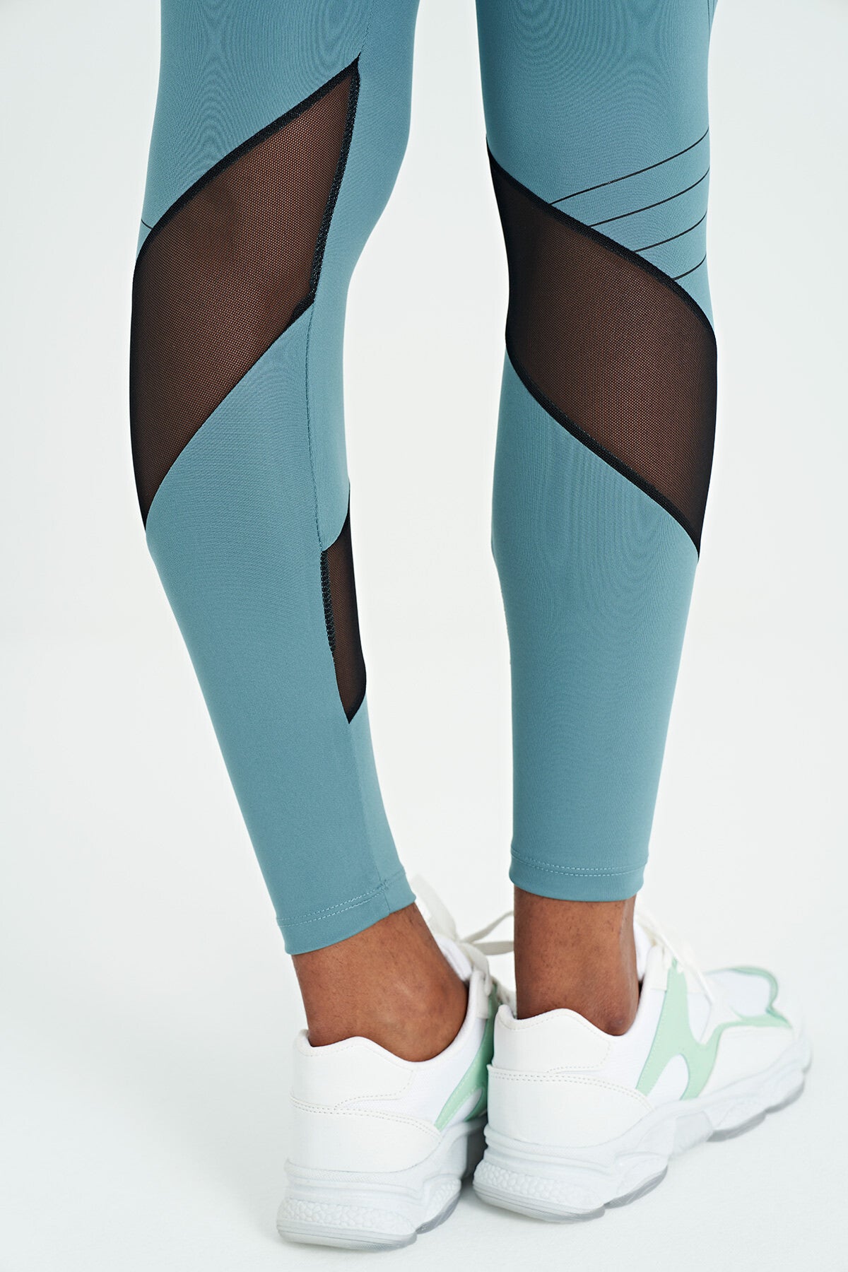 Mint Yeşili File Detaylı Baskılı Yüksek Bel Slim Fit Kadın Tayt - 94631