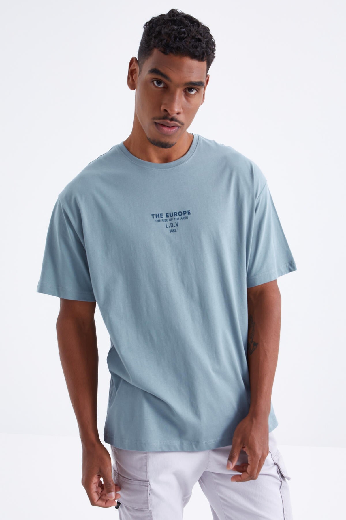 Mint Yeşili Sırt Baskılı O Yaka Erkek Oversize T-shirt - 88091