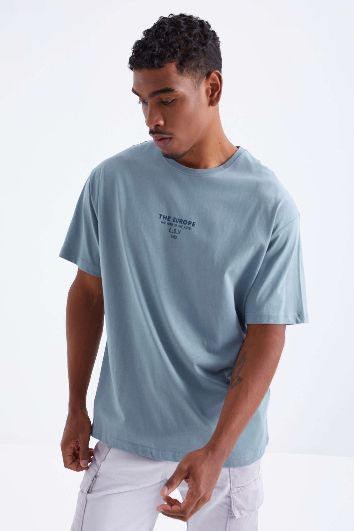 Mint Yeşili Sırt Baskılı O Yaka Erkek Oversize T-shirt - 88091