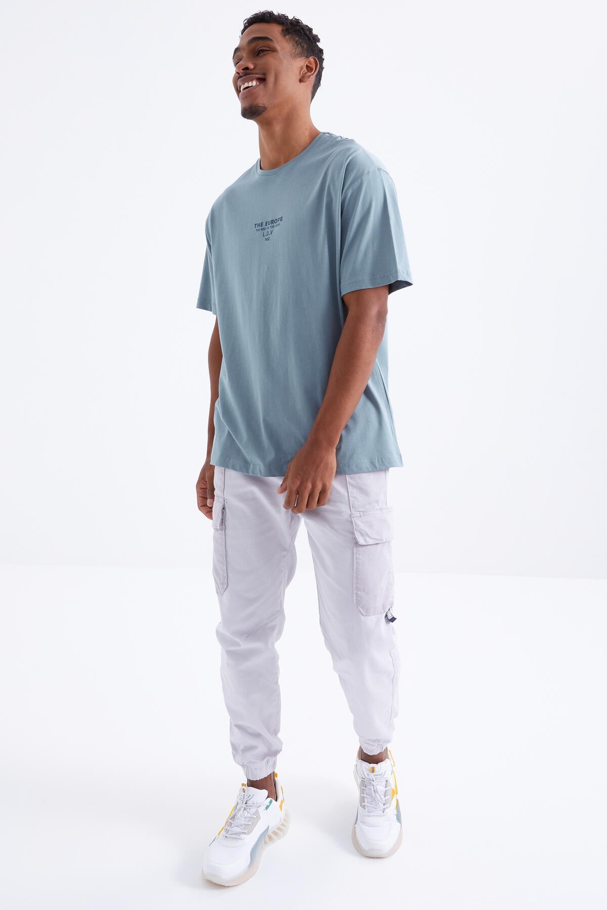 Mint Yeşili Sırt Baskılı O Yaka Erkek Oversize T-shirt - 88091