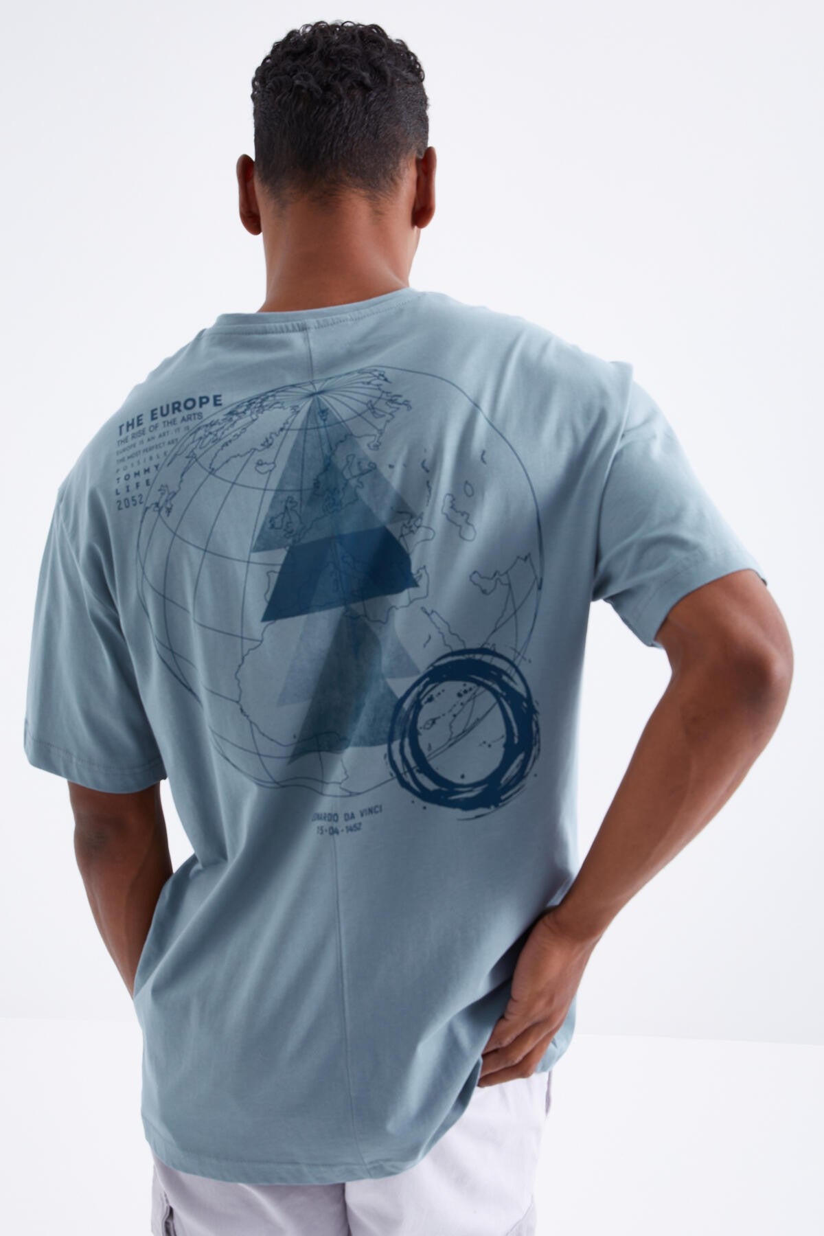 Mint Yeşili Sırt Baskılı O Yaka Erkek Oversize T-shirt - 88091