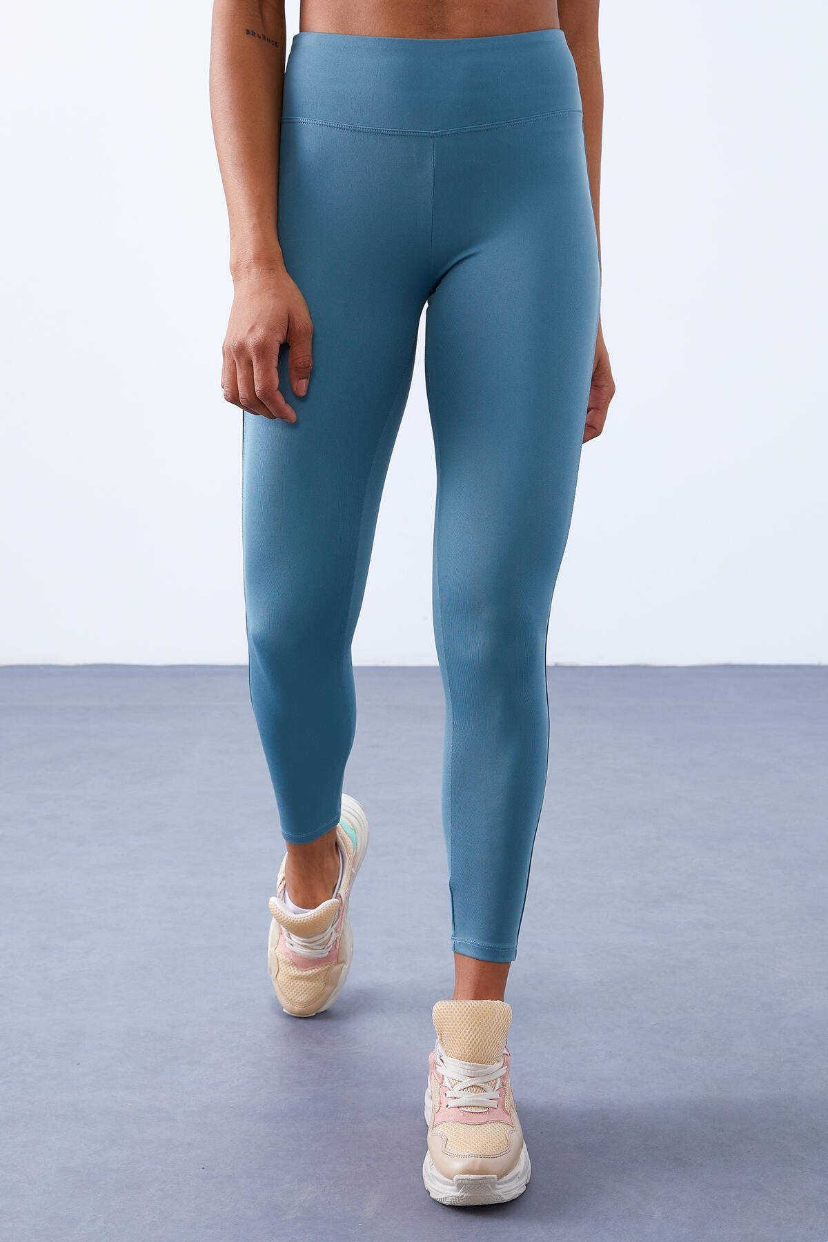 Mint Yeşili Yarım Şerit Detaylı Yüksek Bel Slim Fit Kadın Tayt  - 94609