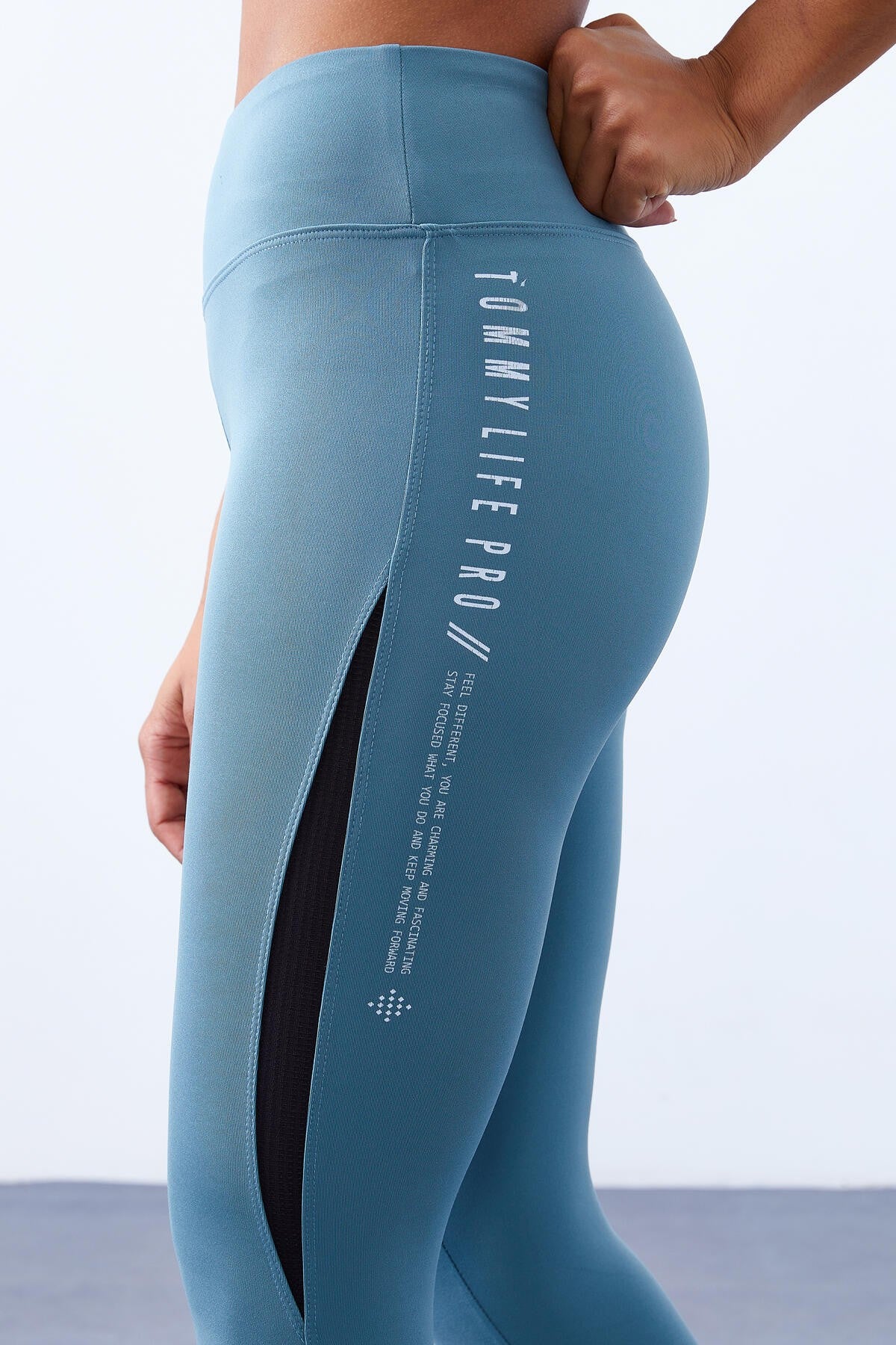 Mint Yeşili Yarım Şerit Detaylı Yüksek Bel Slim Fit Kadın Tayt  - 94609