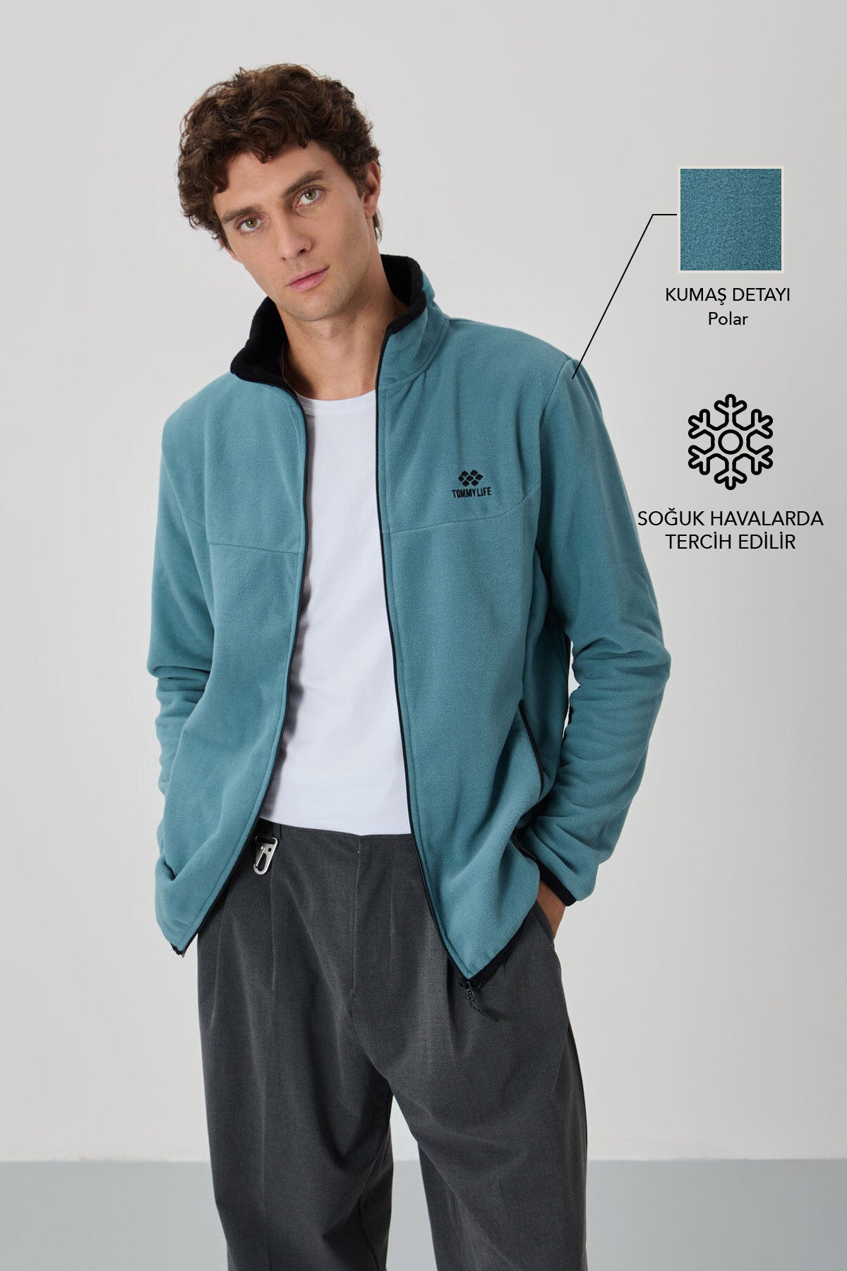 Mint Yeşili Yazı Nakışlı Dik Yaka Fermuarlı Standart Kalıp Erkek Sweatshirt Polar - 87992