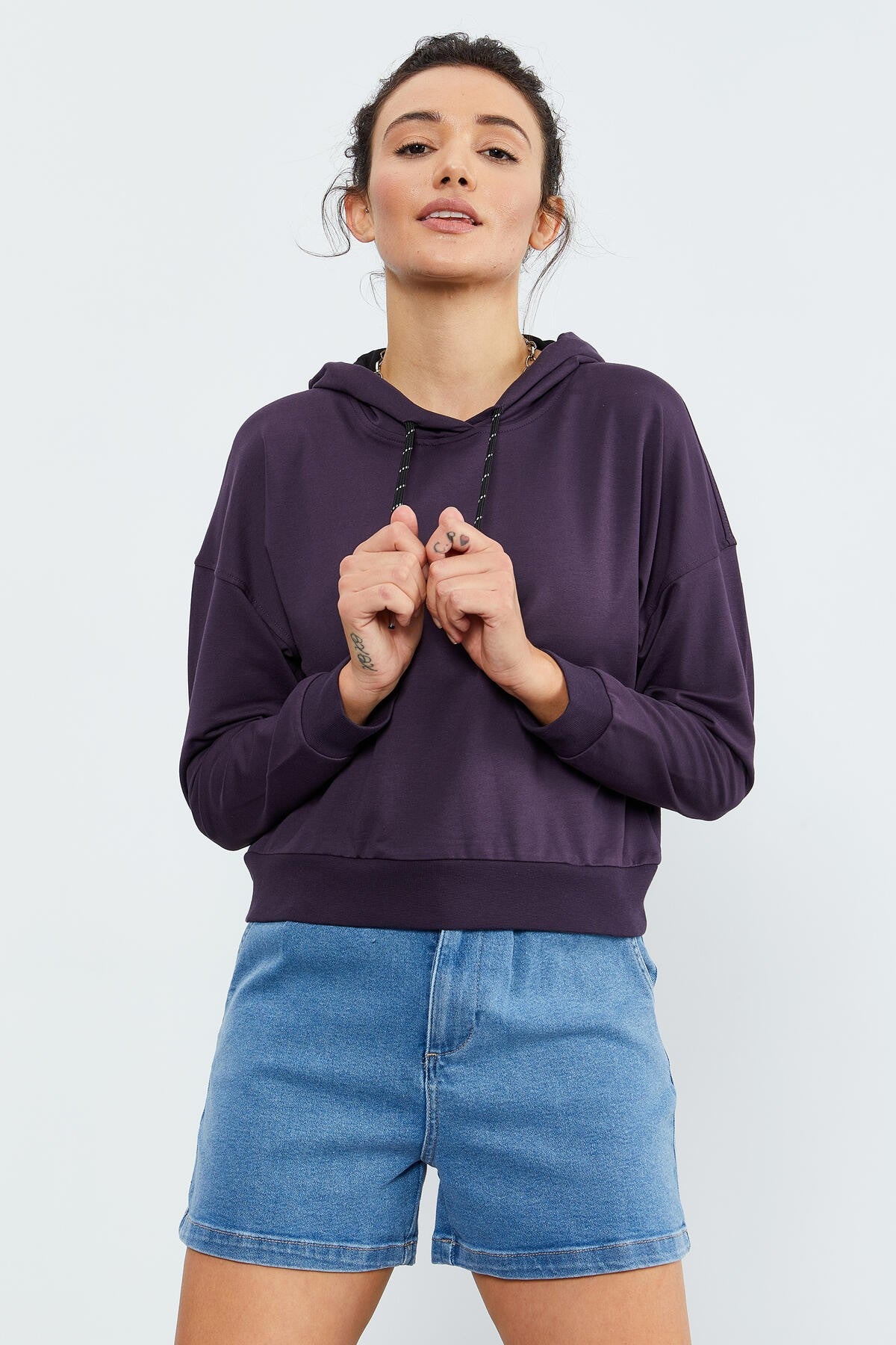 Mor Uzun Kol Rahat Form Kapüşonlu Kadın Sweatshirt - 97115