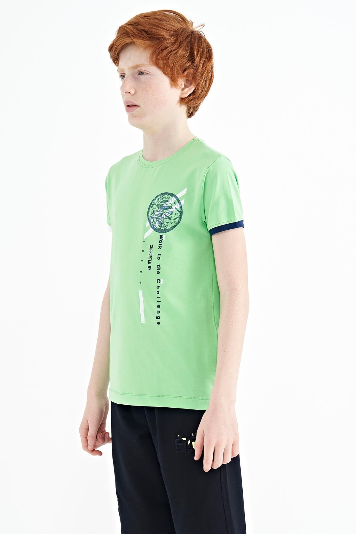 Neon Yeşil Baskı Detaylı O Yaka Standart Kalıp Erkek Çocuk T-Shirt - 11131