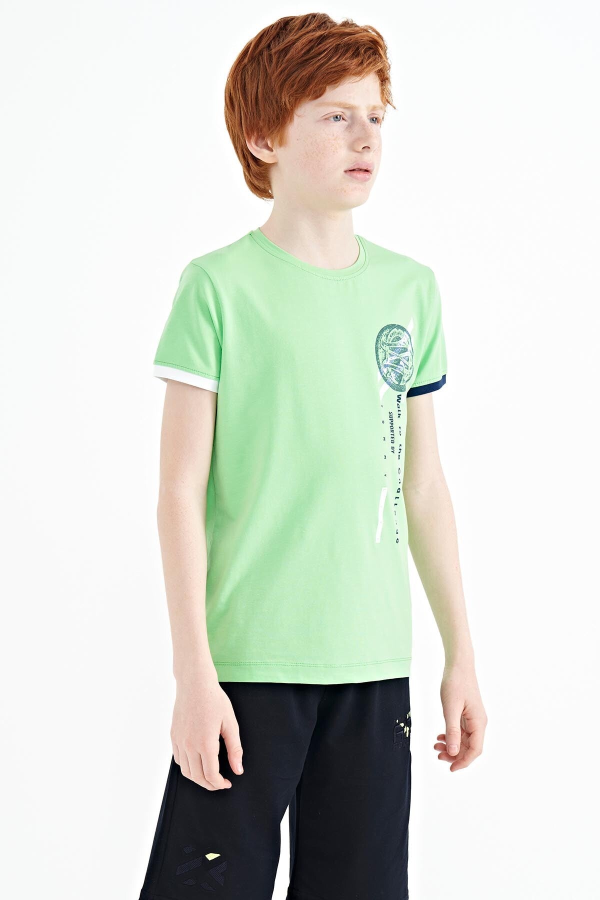 Neon Yeşil Baskı Detaylı O Yaka Standart Kalıp Erkek Çocuk T-Shirt - 11131