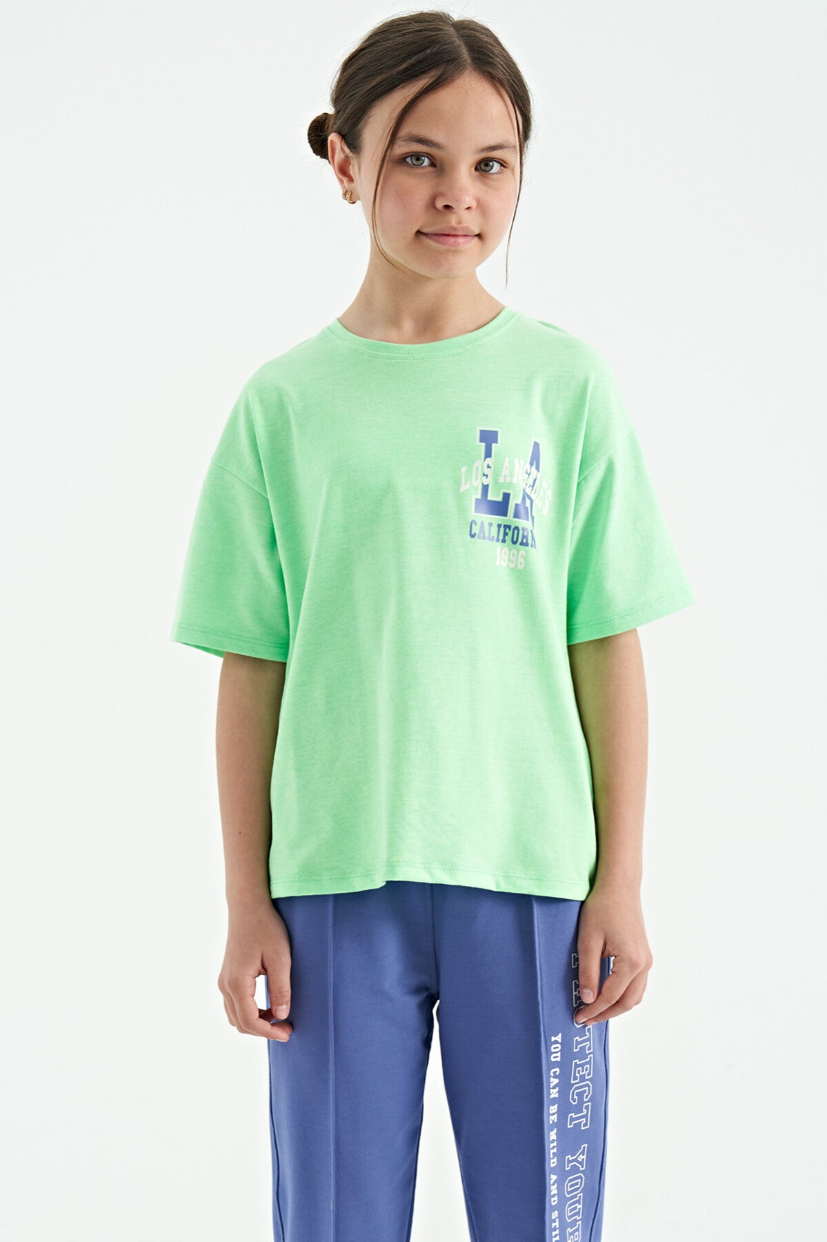 Neon Yeşil Ön Arka Baskılı O Yaka Oversize Kısa Kollu Kız Çocuk T-Shirt - 75127
