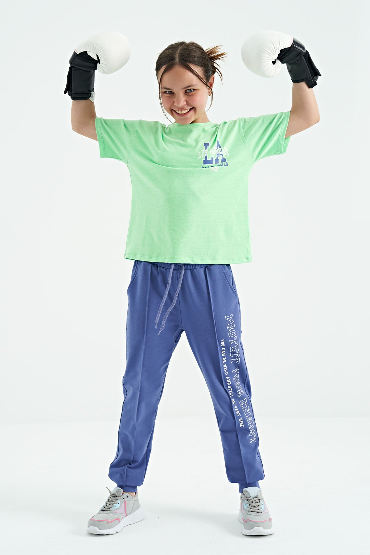 Neon Yeşil Ön Arka Baskılı O Yaka Oversize Kısa Kollu Kız Çocuk T-Shirt - 75127