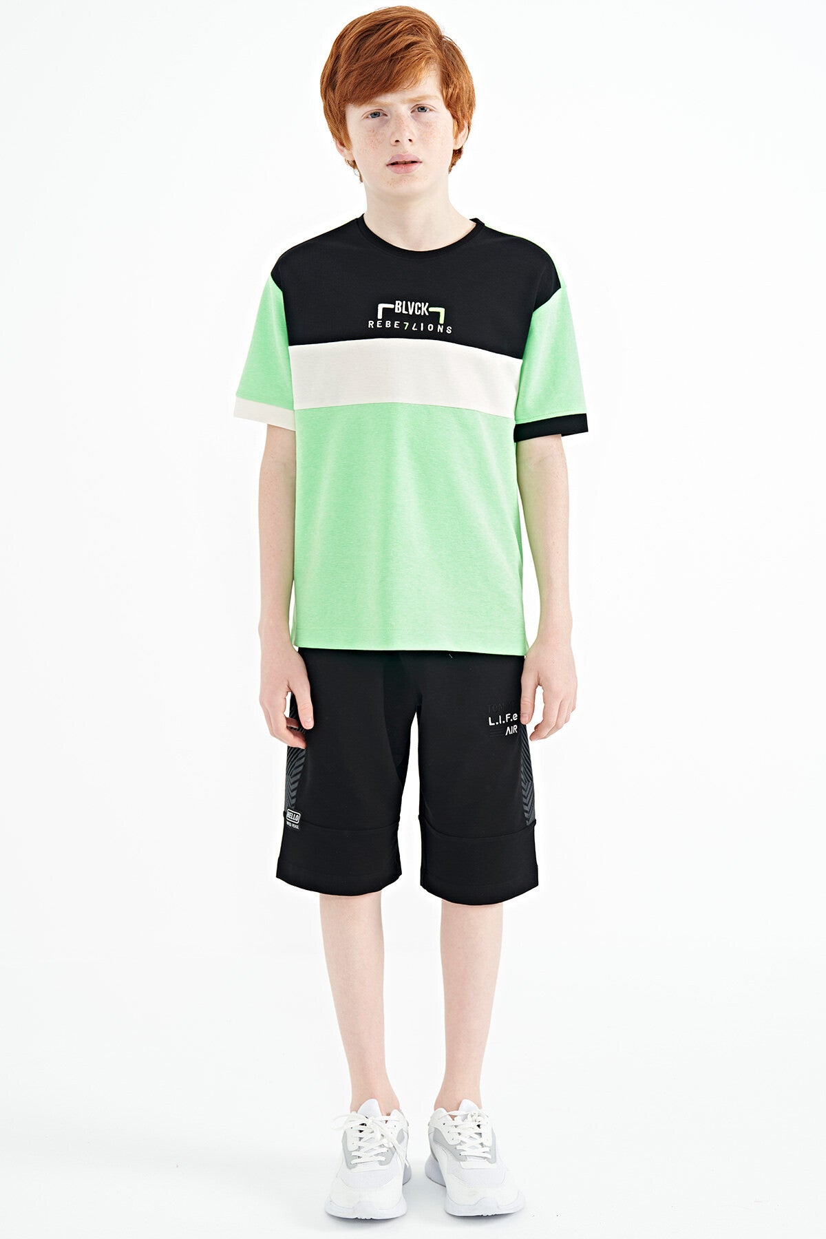 Neon Yeşil Renk Geçişli Nakışlı Oversize Erkek Çocuk T-Shirt - 11159