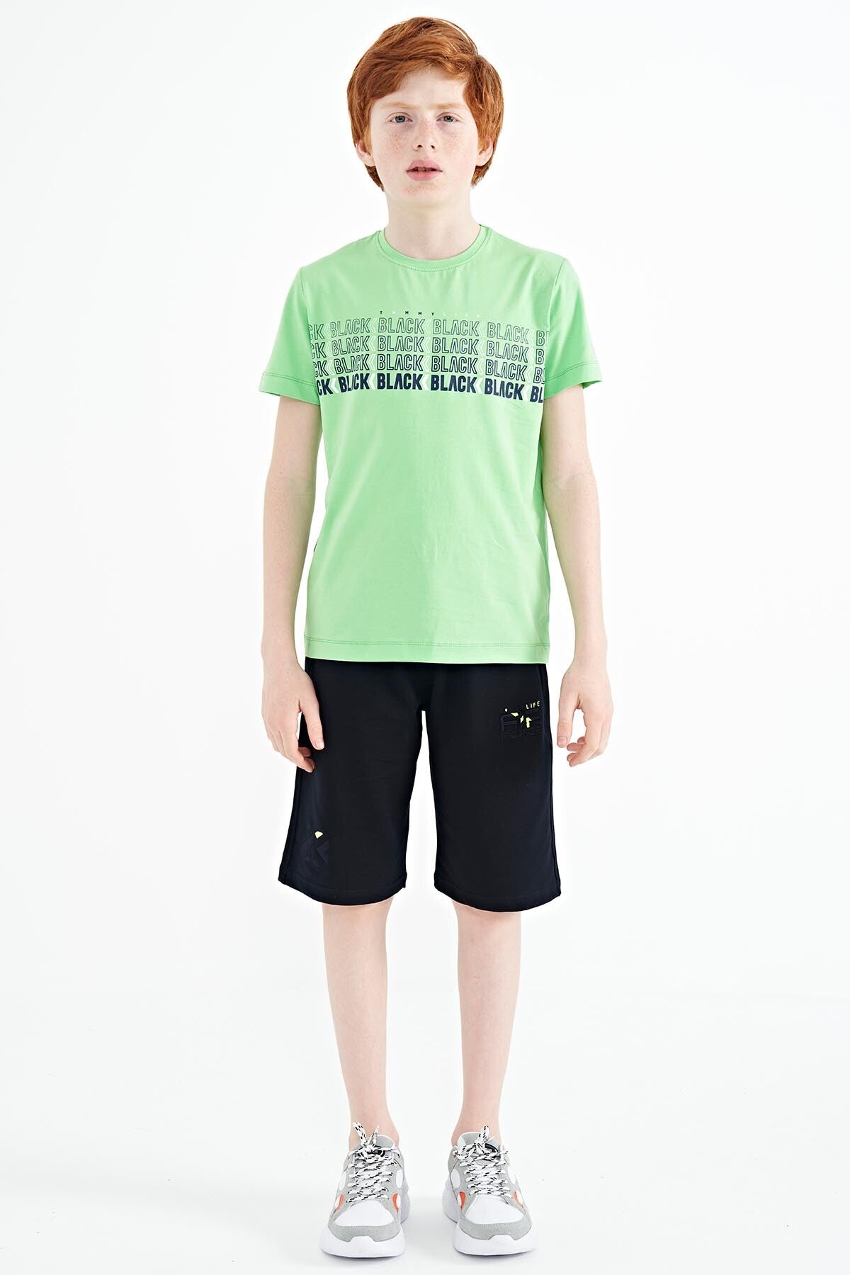 Neon Yeşil Yazı Baskılı O Yaka Standart Kalıp Erkek Çocuk T-Shirt - 11149