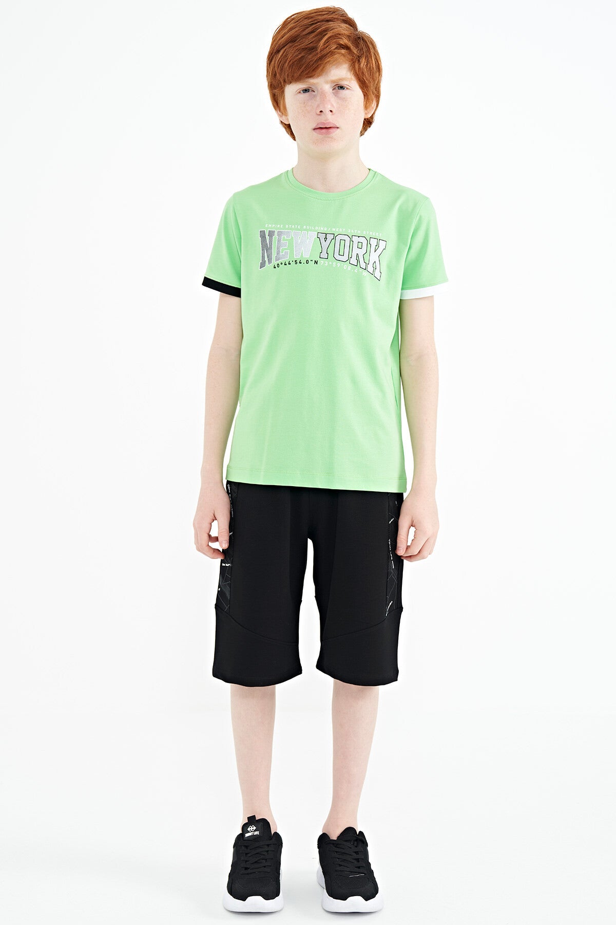 Neon Yeşil Yazı Baskılı Standart Kalıp O Yaka Erkek  Çocuk T-Shirt - 11105
