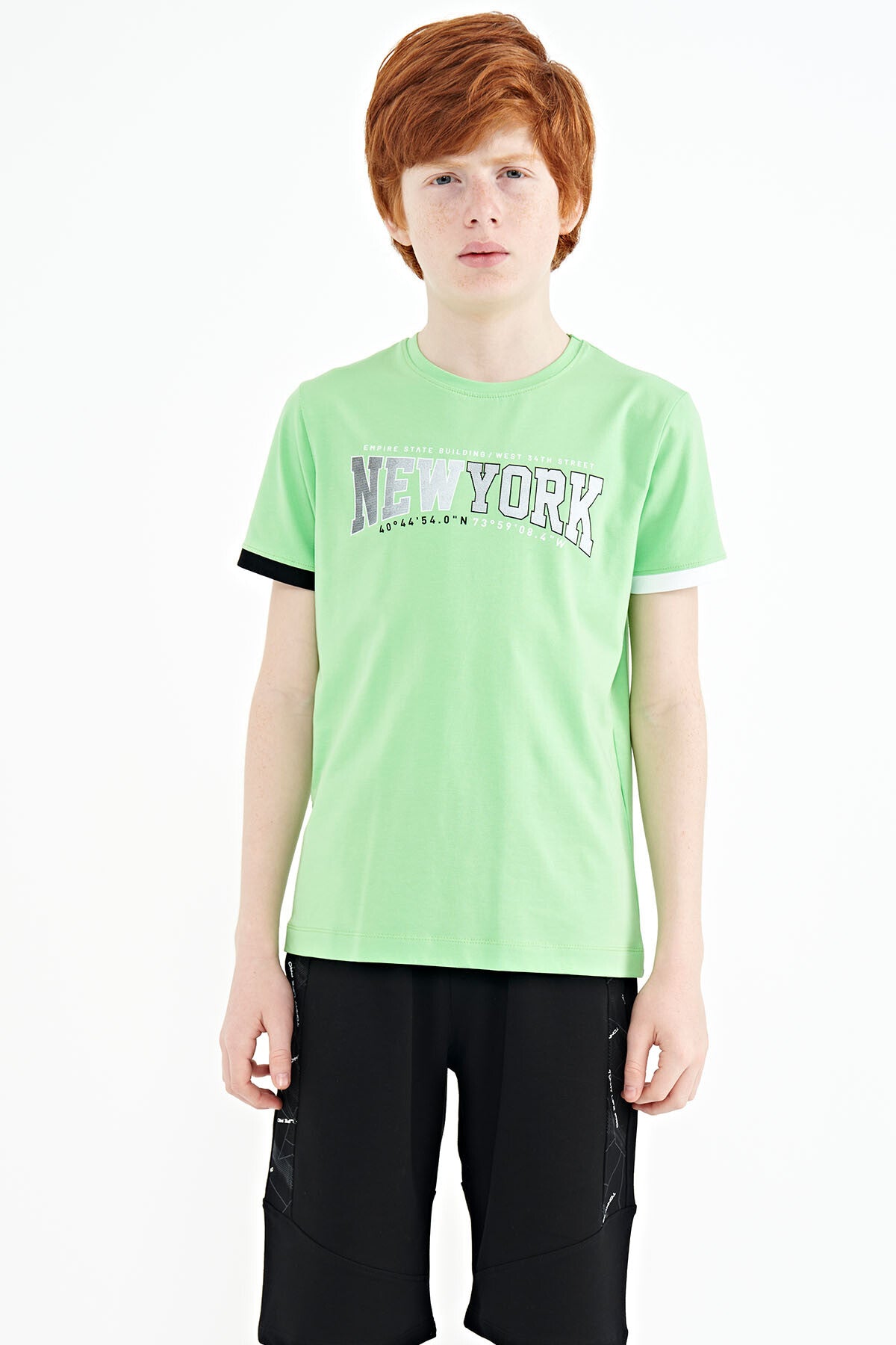 Neon Yeşil Yazı Baskılı Standart Kalıp O Yaka Erkek  Çocuk T-Shirt - 11105