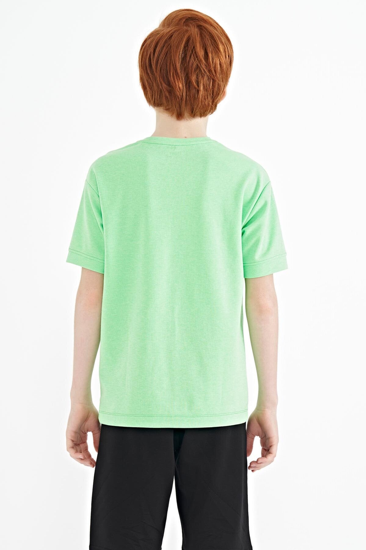 Neon Yeşil Yazı Nakışlı O Yaka Oversize Erkek Çocuk T-Shirt - 11151