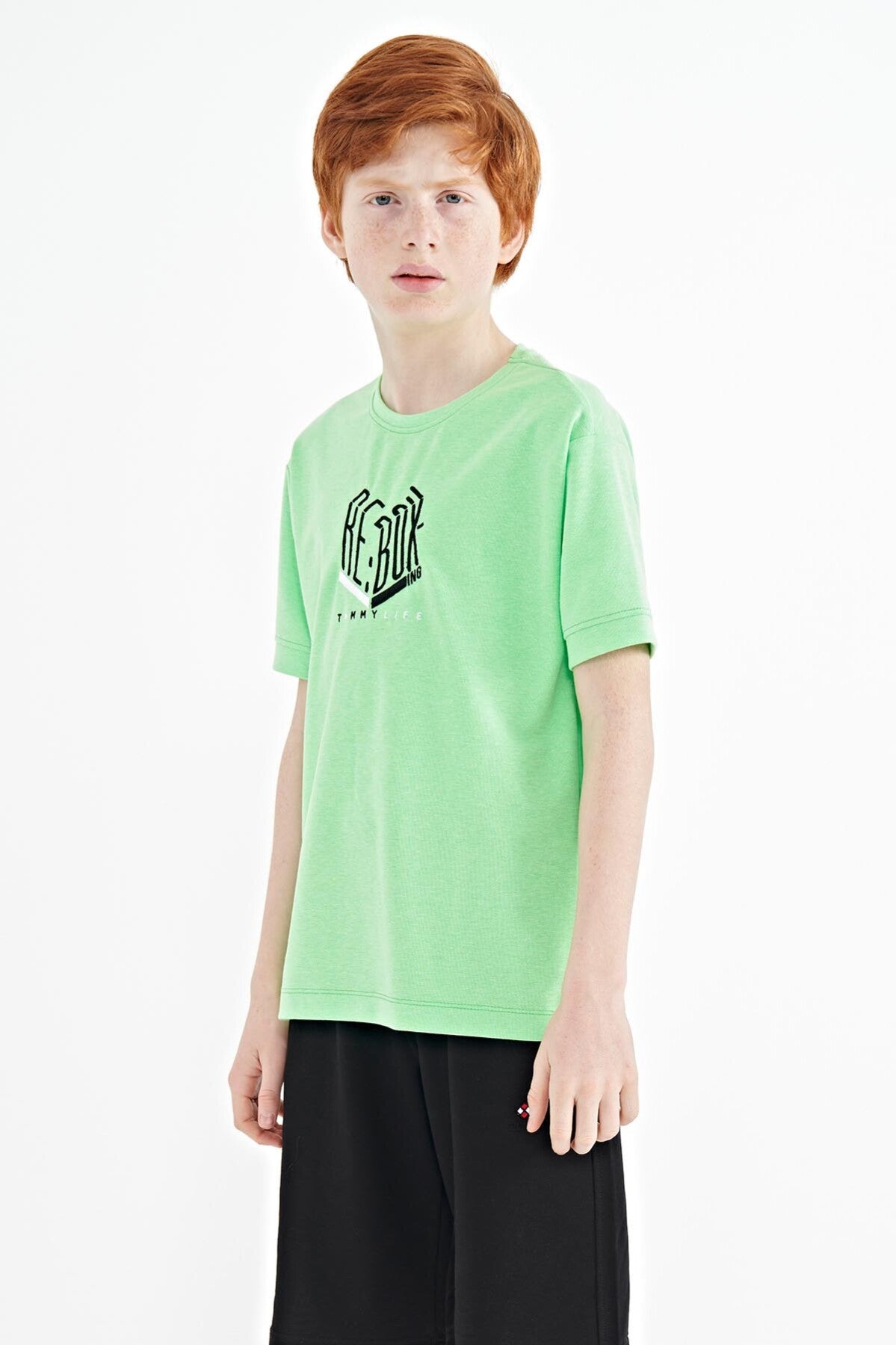 Neon Yeşil Yazı Nakışlı O Yaka Oversize Erkek Çocuk T-Shirt - 11151
