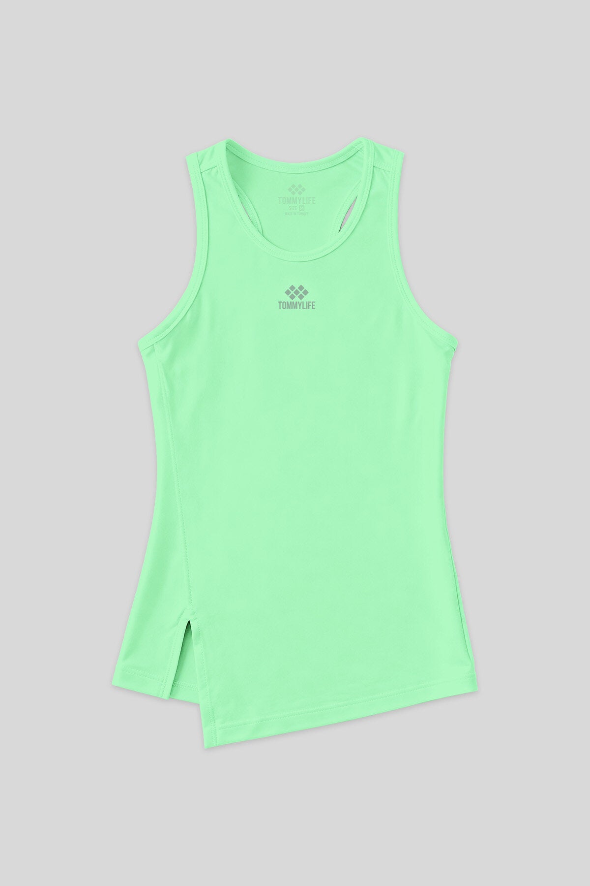 Neon Yeşil Yırtmaç Detaylı O Yaka Sıfır Kollu Standart Kalıp Kadın Spor Atlet - 97256