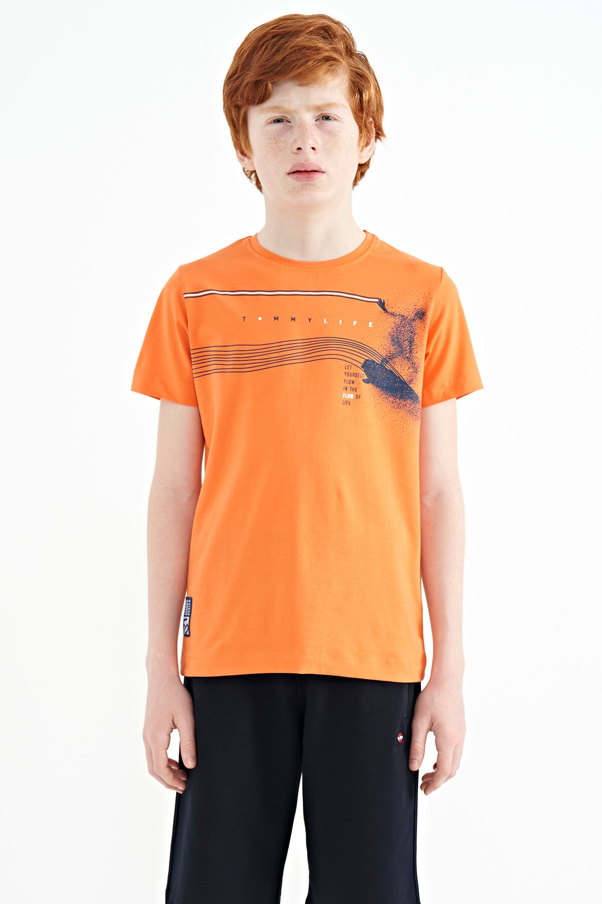 Oranj Baskı Detaylı Standart Kalıp O Yaka Erkek Çocuk T-Shirt - 11133