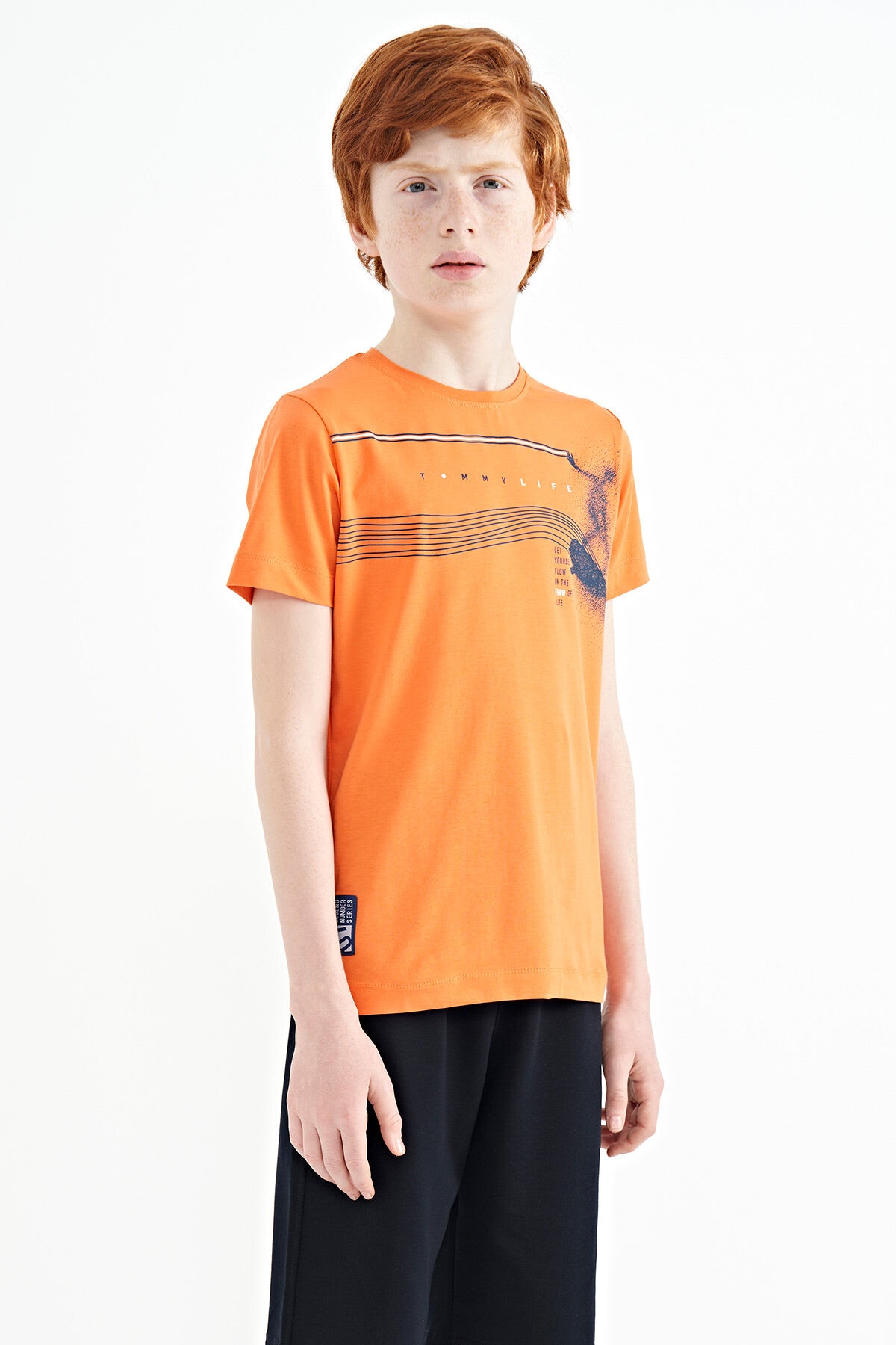 Oranj Baskı Detaylı Standart Kalıp O Yaka Erkek Çocuk T-Shirt - 11133