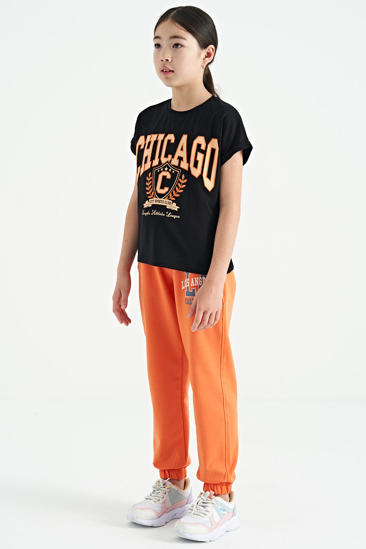 Oranj Yazı Nakışlı Standart Kalıp Jogger Kız Çocuk Eşofman Alt - 75120