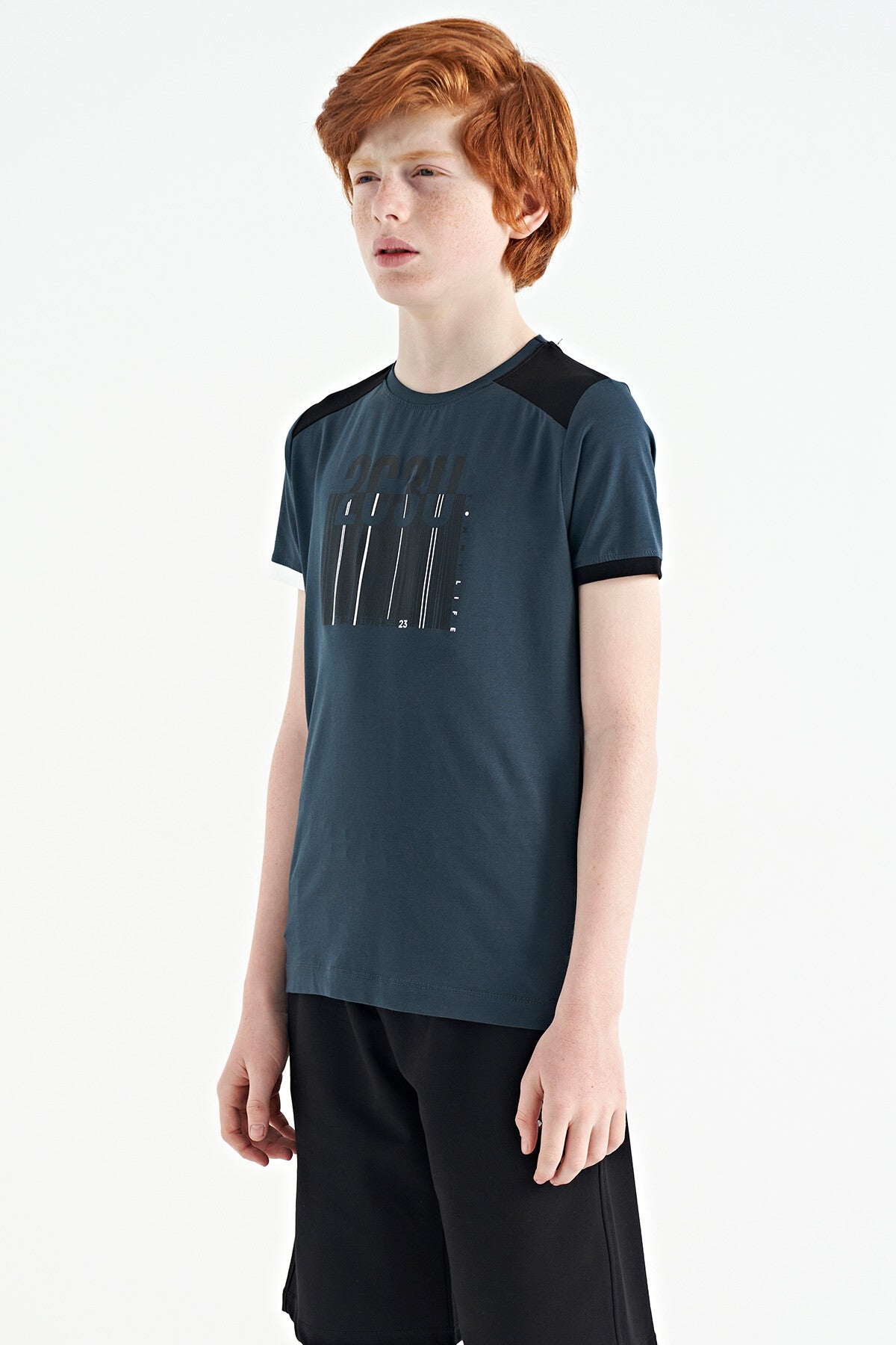 Orman Yeşili Baskı Detaylı O Yaka Standart Kalıp Erkek Çocuk T-Shirt - 11157
