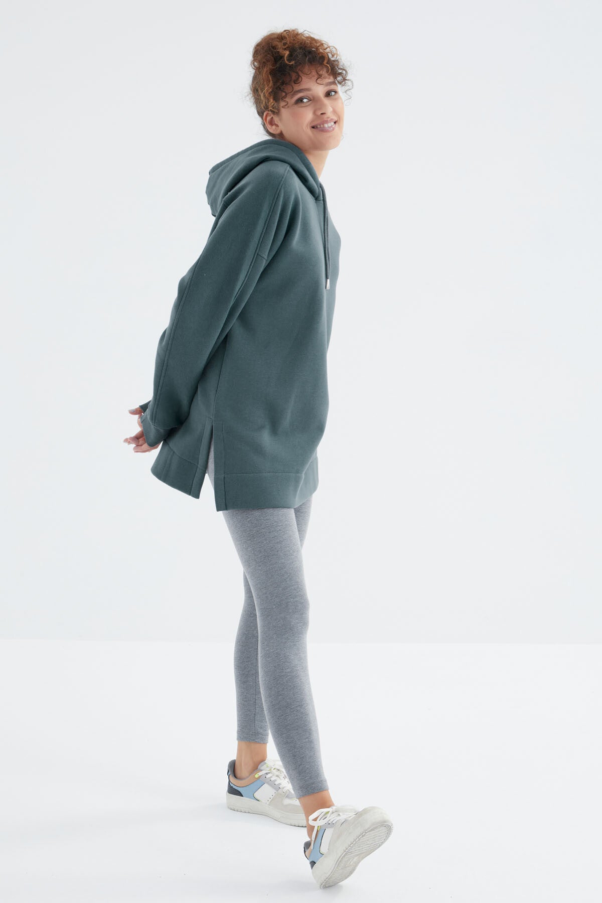 Orman Yeşili Reglan Kol Basic Kapüşonlu Oversize Sweatshirt Tunik - 97242