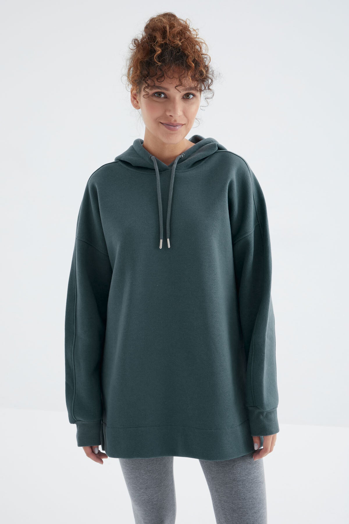 Orman Yeşili Reglan Kol Basic Kapüşonlu Oversize Sweatshirt Tunik - 97242