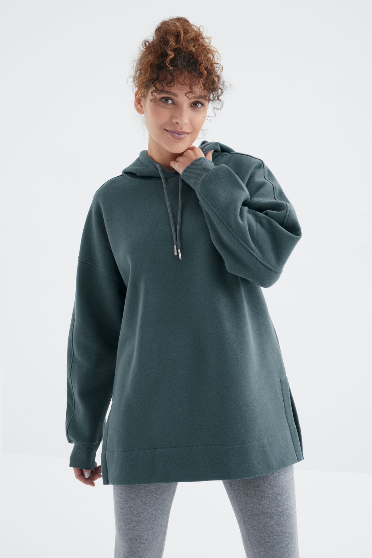 Orman Yeşili Reglan Kol Basic Kapüşonlu Oversize Sweatshirt Tunik - 97242