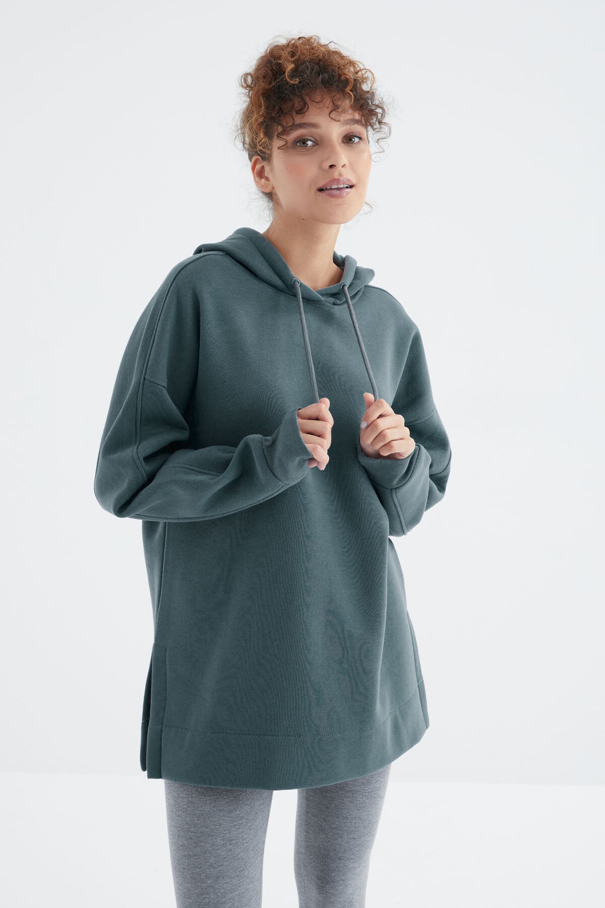 Orman Yeşili Reglan Kol Basic Kapüşonlu Oversize Sweatshirt Tunik - 97242