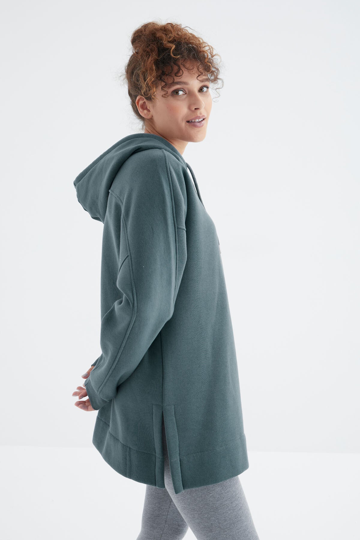 Orman Yeşili Reglan Kol Basic Kapüşonlu Oversize Sweatshirt Tunik - 97242