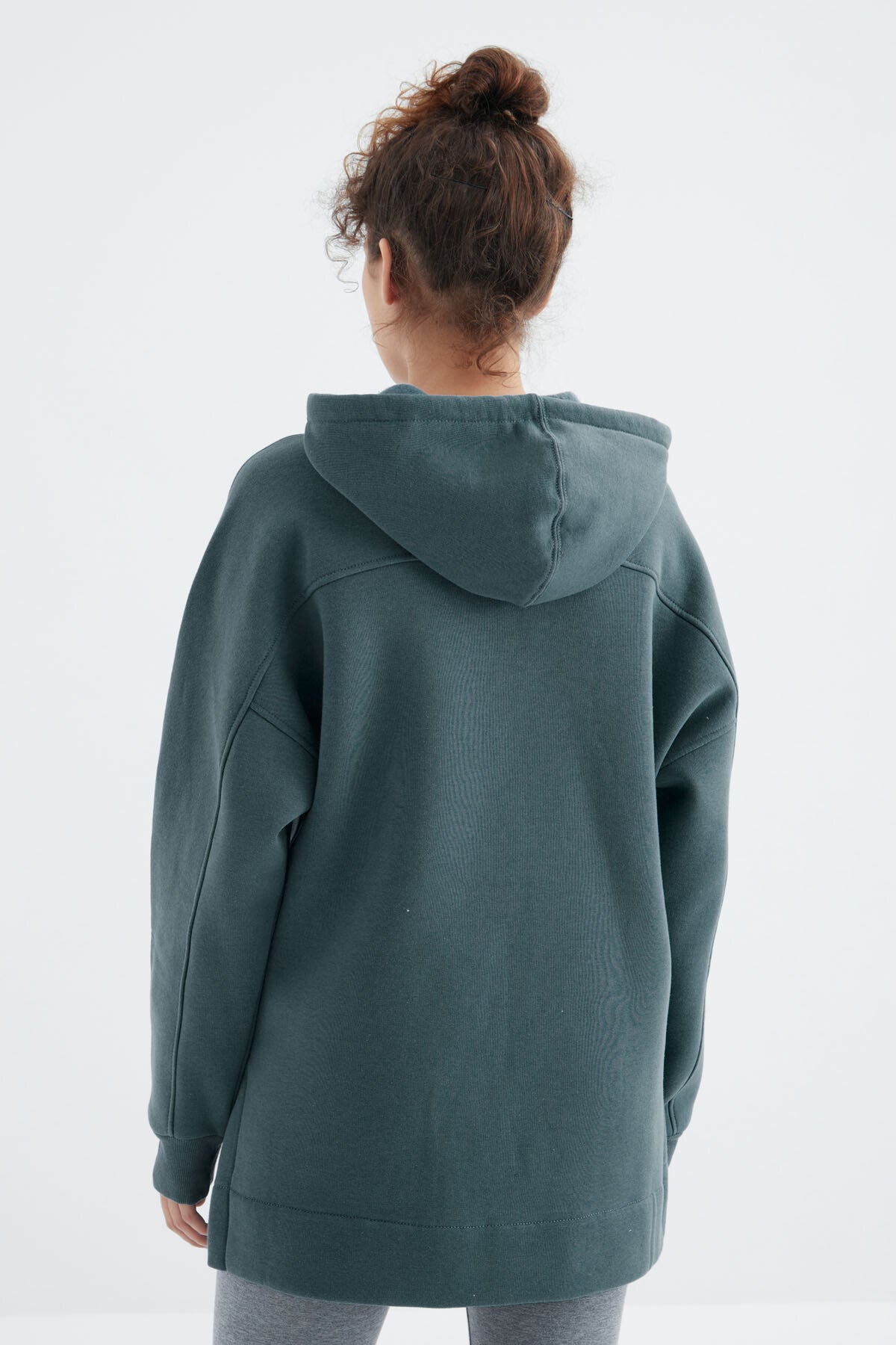 Orman Yeşili Reglan Kol Basic Kapüşonlu Oversize Sweatshirt Tunik - 97242