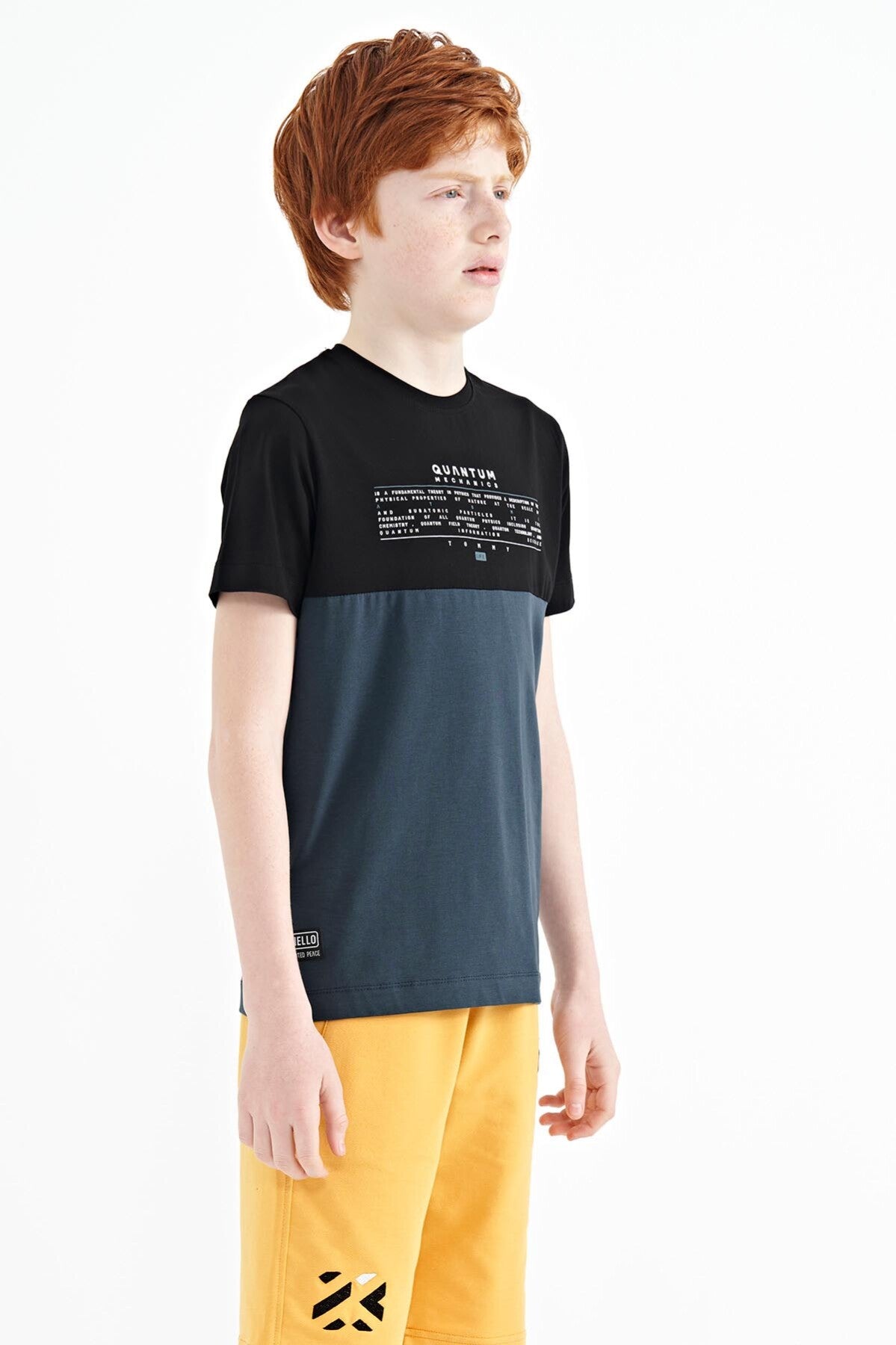 Orman Yeşili Yazı Baskılı Renk Bloklu Standart Kalıp O Yaka Erkek Çocuk T-Shirt - 11134