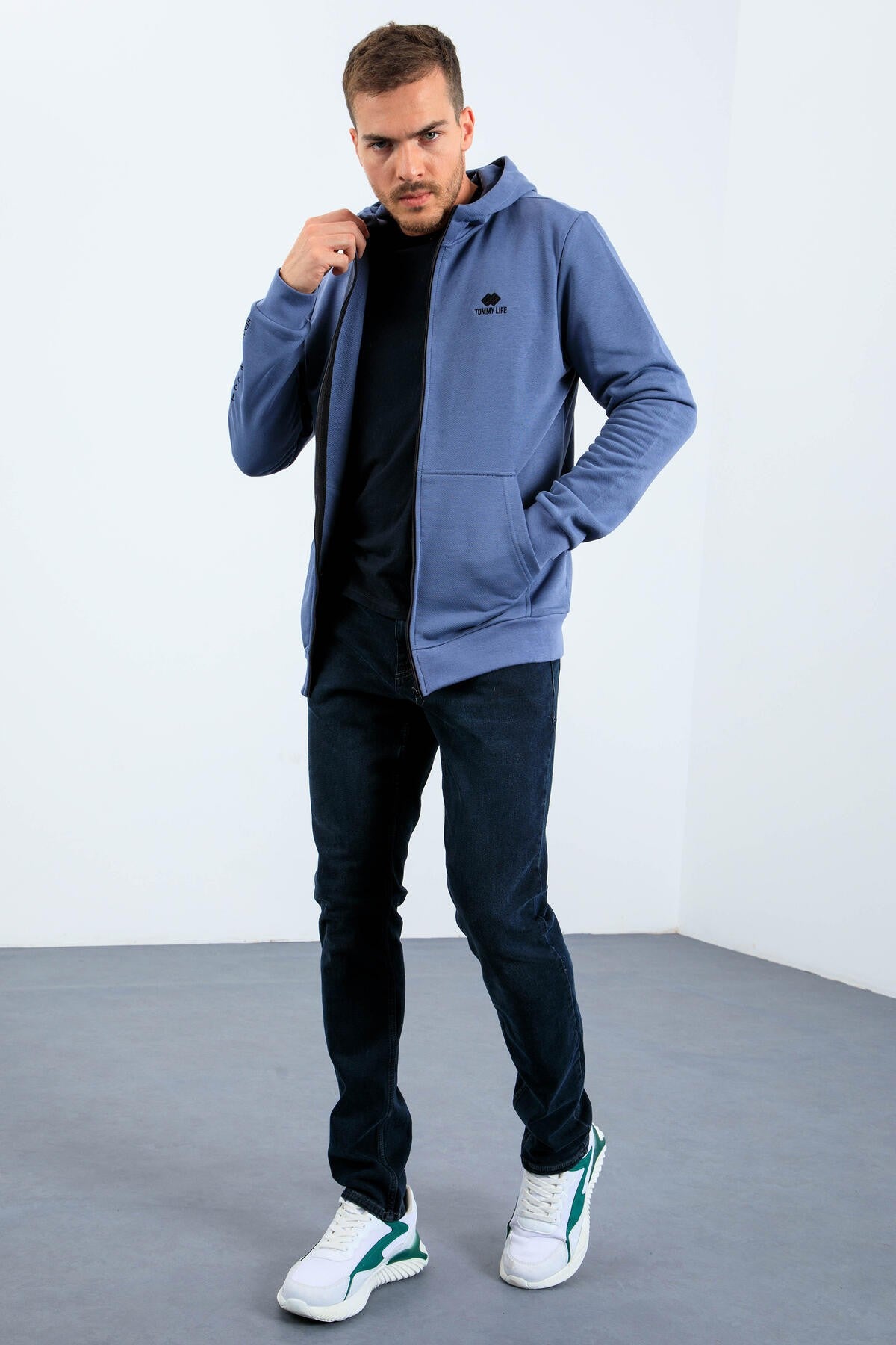 Petrol Basic Kapüşonlu Rahat Form Nakış Detaylı Fermuarlı Erkek Sweatshirt - 88035