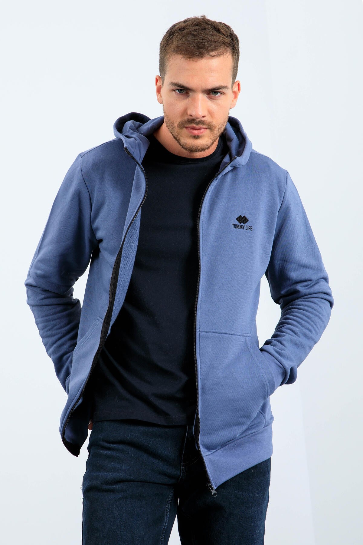 Petrol Basic Kapüşonlu Rahat Form Nakış Detaylı Fermuarlı Erkek Sweatshirt - 88035