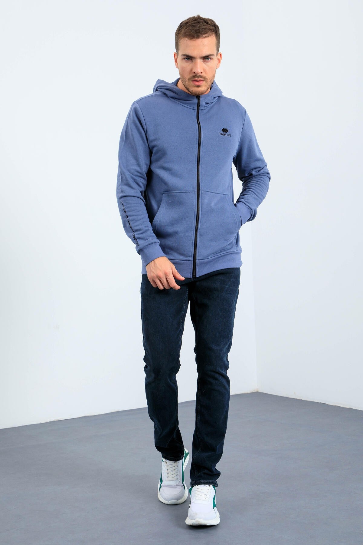 Petrol Basic Kapüşonlu Rahat Form Nakış Detaylı Fermuarlı Erkek Sweatshirt - 88035