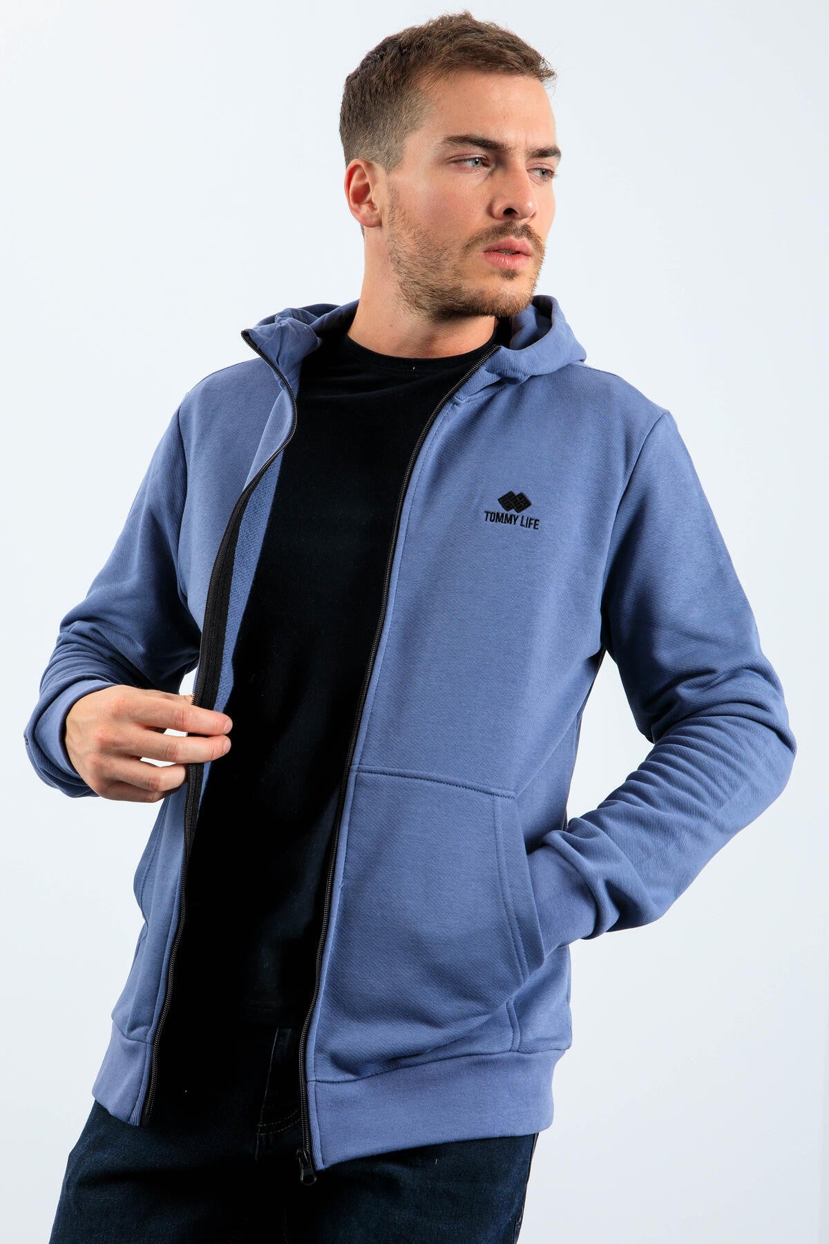 Petrol Basic Kapüşonlu Rahat Form Nakış Detaylı Fermuarlı Erkek Sweatshirt - 88035