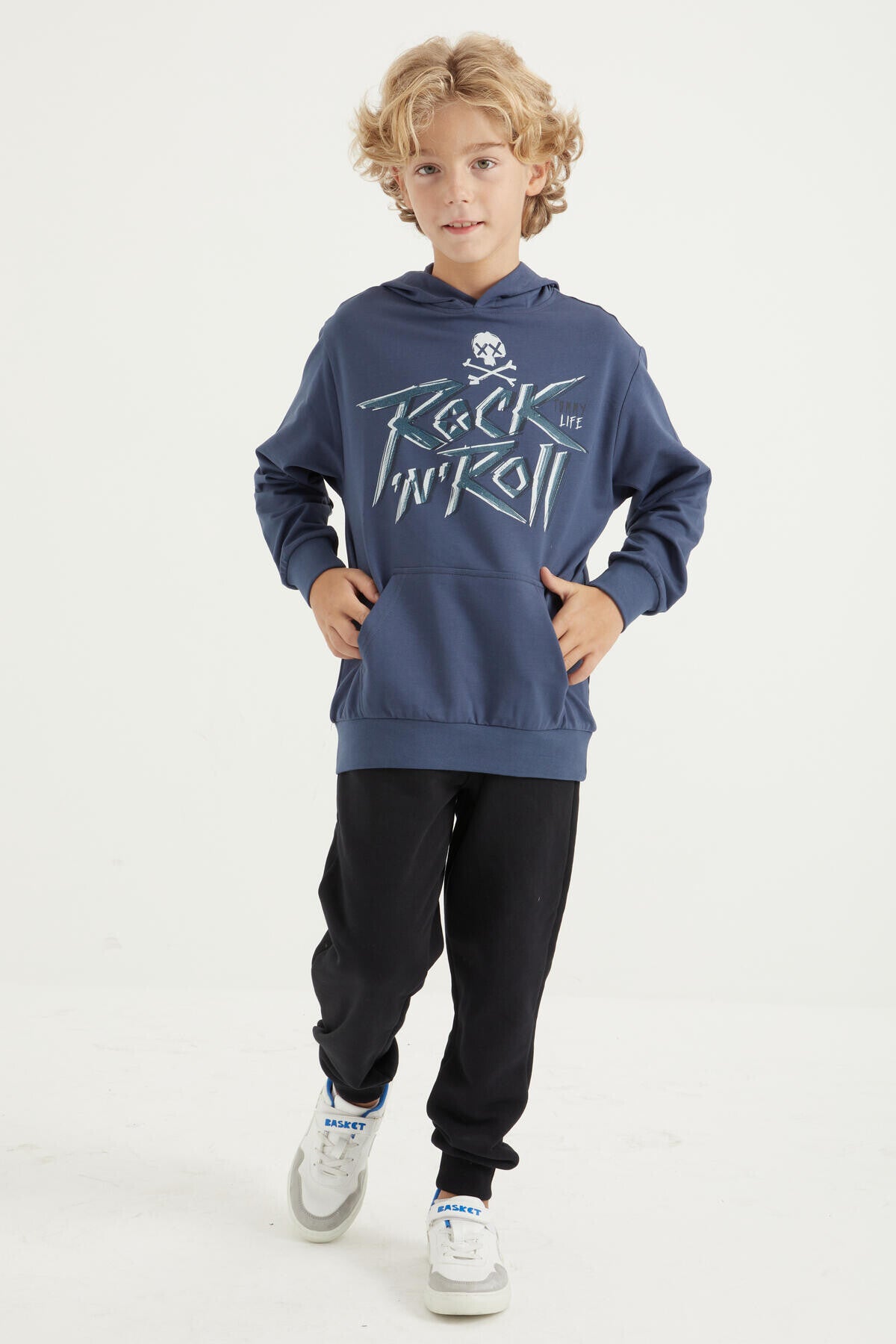 Petrol Yazı Baskılı Kanguru Cepli Kapüşonlu Standart Kalıp Erkek Çocuk Sweatshirt - 11002