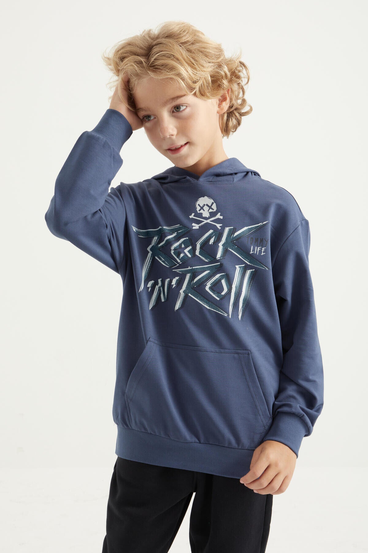 Petrol Yazı Baskılı Kanguru Cepli Kapüşonlu Standart Kalıp Erkek Çocuk Sweatshirt - 11002