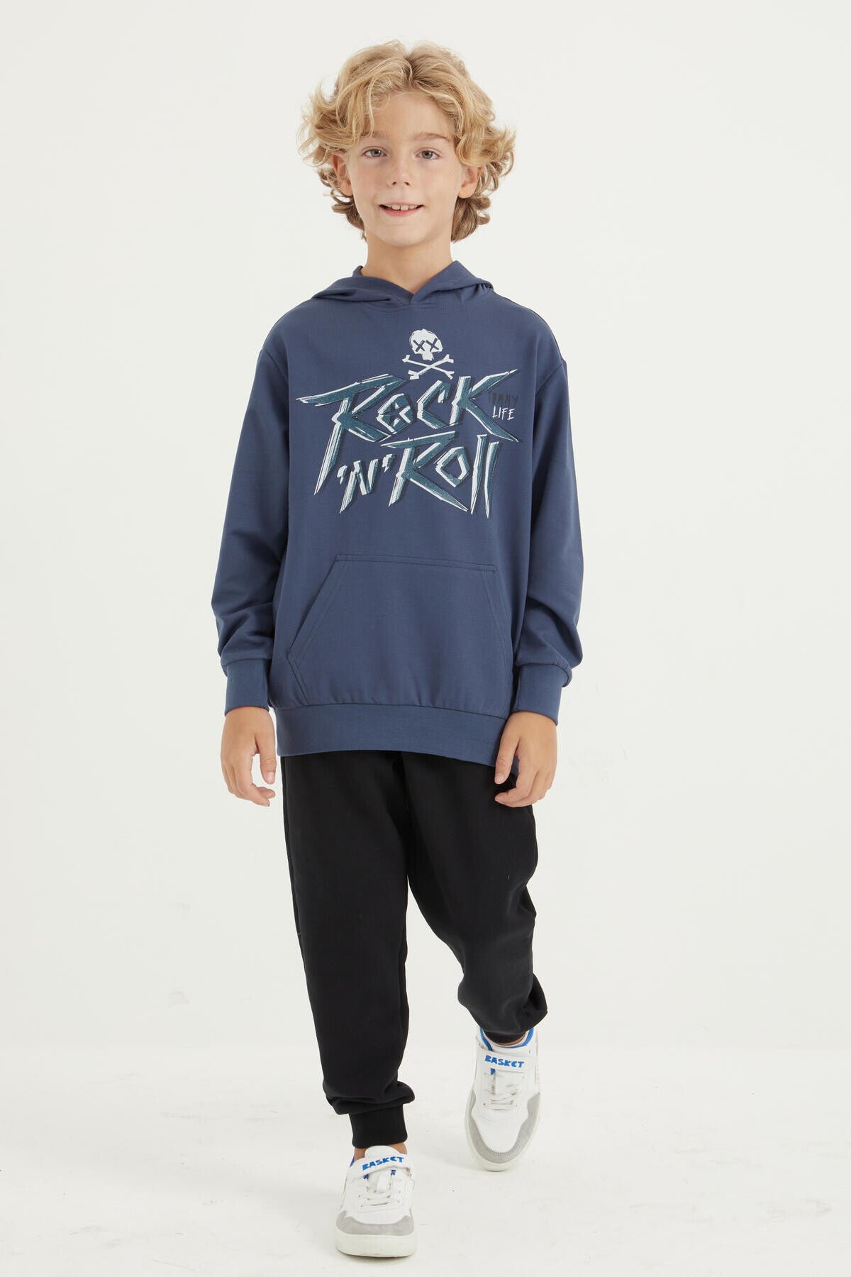 Petrol Yazı Baskılı Kanguru Cepli Kapüşonlu Standart Kalıp Erkek Çocuk Sweatshirt - 11002